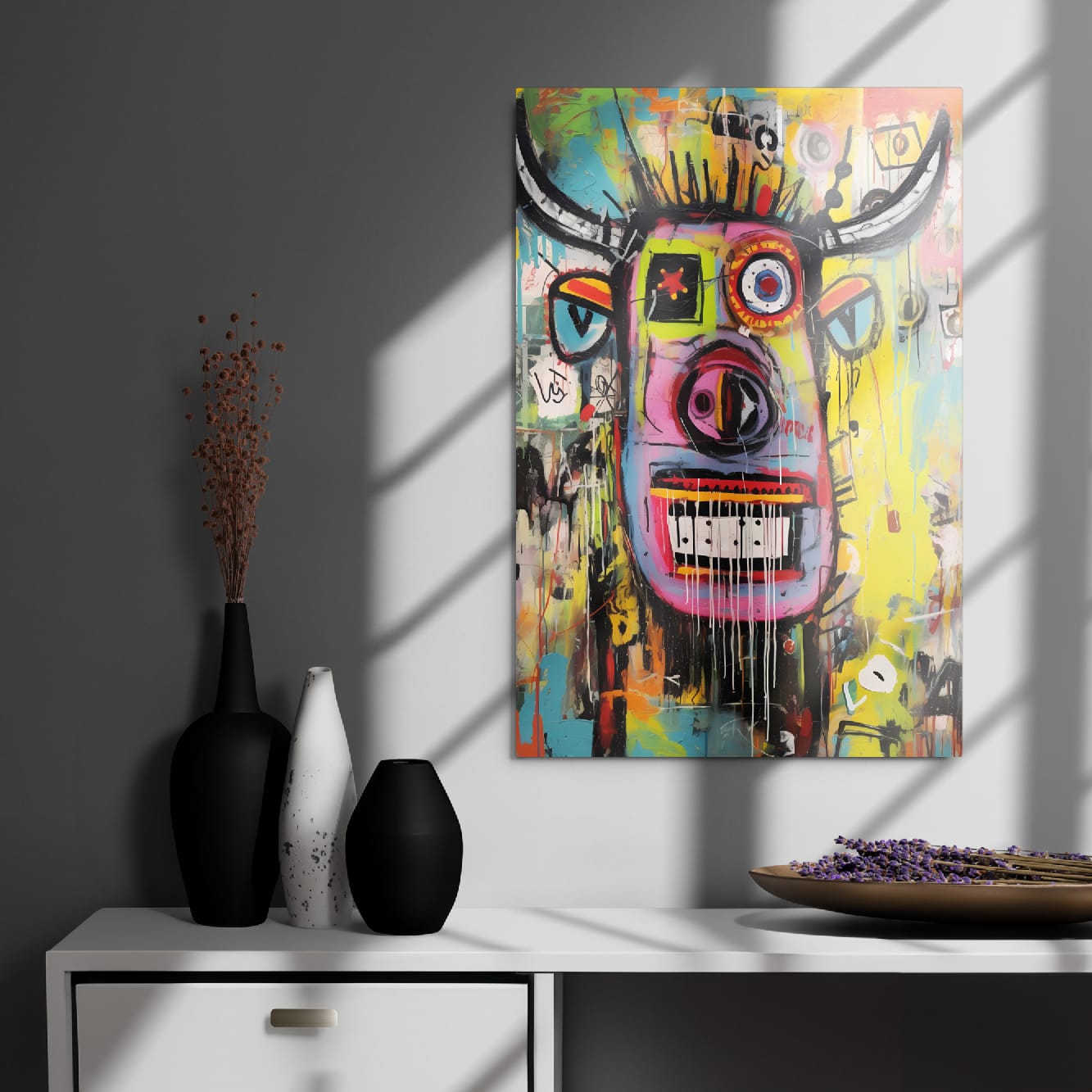 "Horned Head" colorful longhorn portrait metal wall decor 20″×30″ in sophisticated contemporary living room with charcoal gray walls, elegant decorative vases and lavender by GiveMeMood