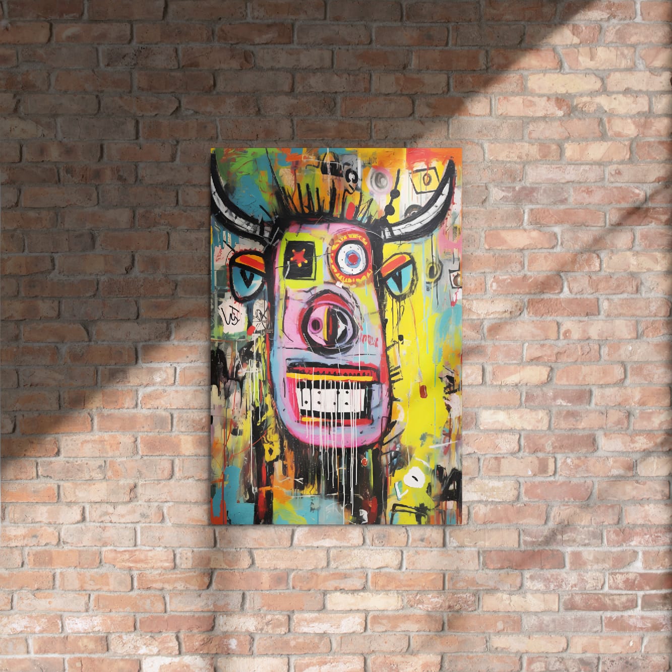 "Horned Head" urban graffiti bull 20″×30″ glossy metal print mounted on warm rustic exposed brick wall with natural window light creating artistic atmosphere by GiveMeMood