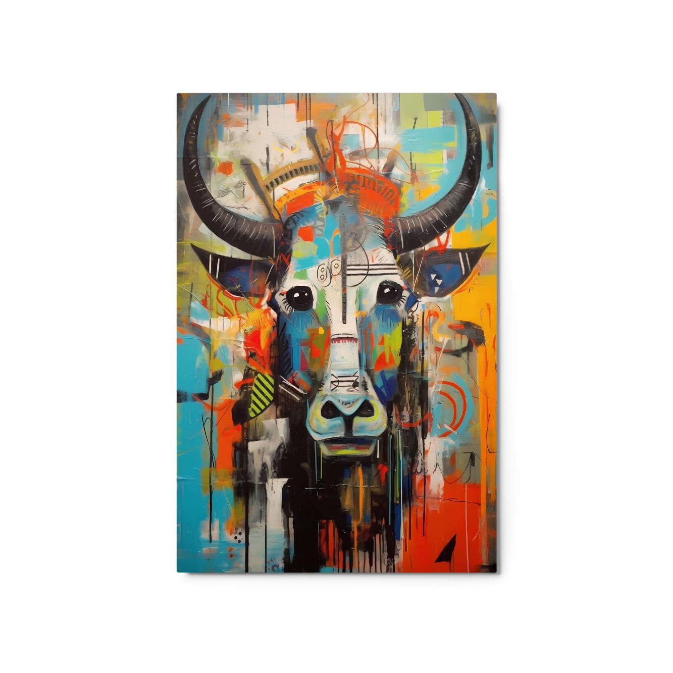 "Mural Bull" abstract expressionist bull with curved horns and tribal markings glossy metal art