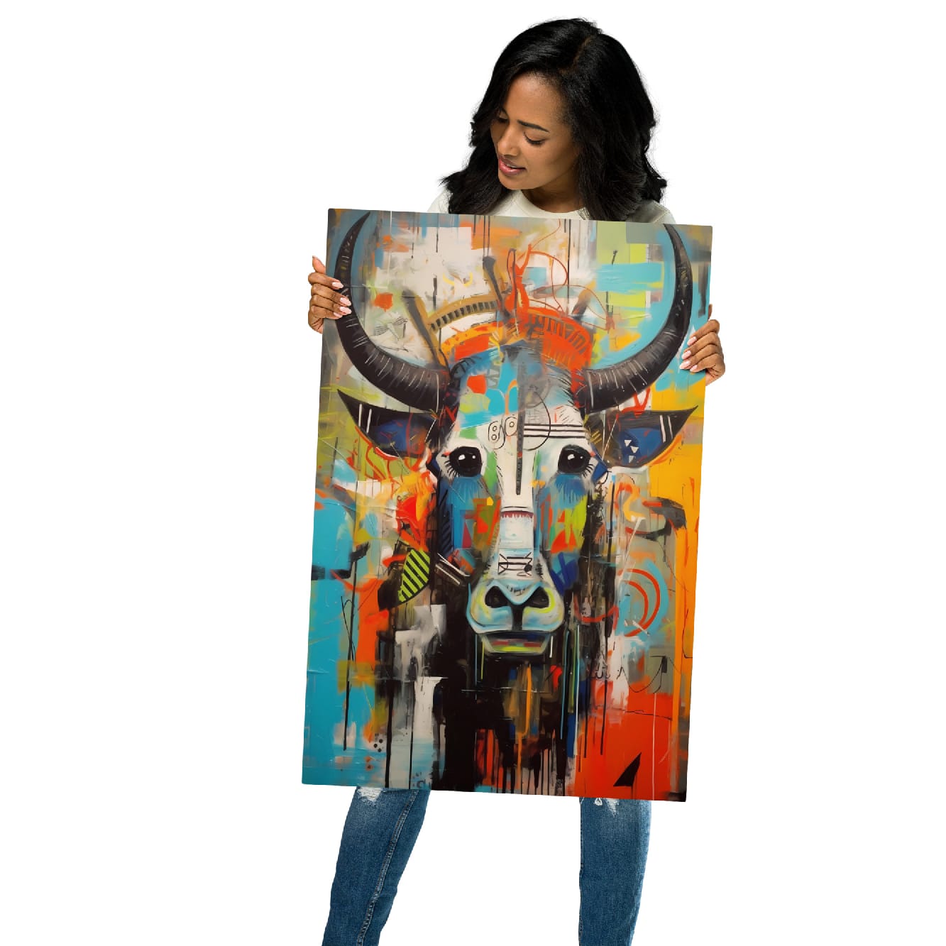 Woman showcasing 20″×30″ "Mural Bull" street art style glossy metal poster