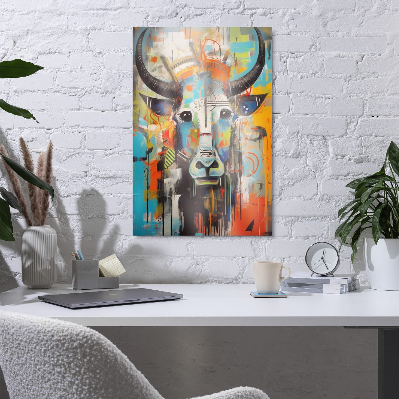 "Mural Bull" colorful bull wall art on white brick above modern workspace desk