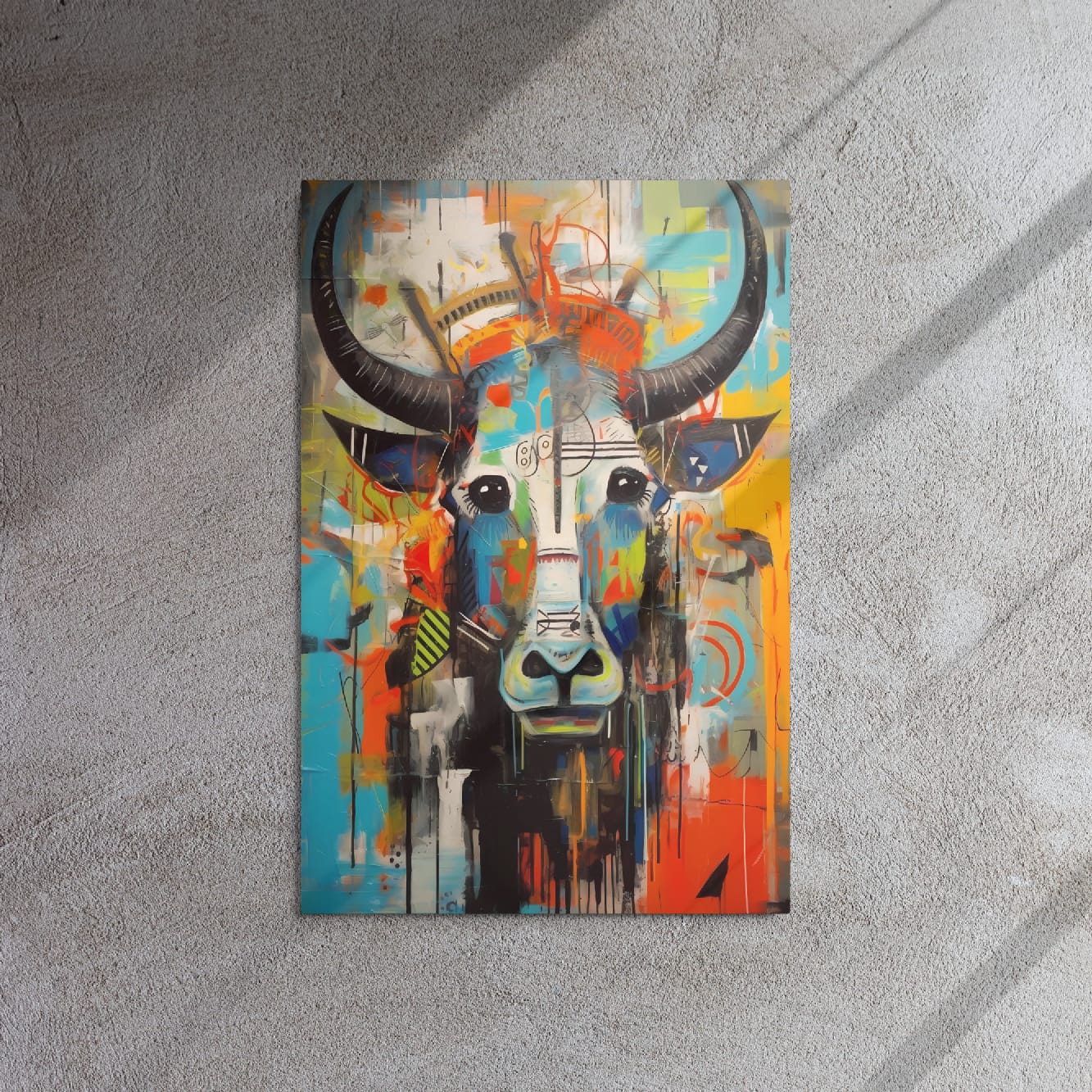 "Mural Bull" vibrant longhorn art print 20″×30″ on gray concrete with dramatic lighting