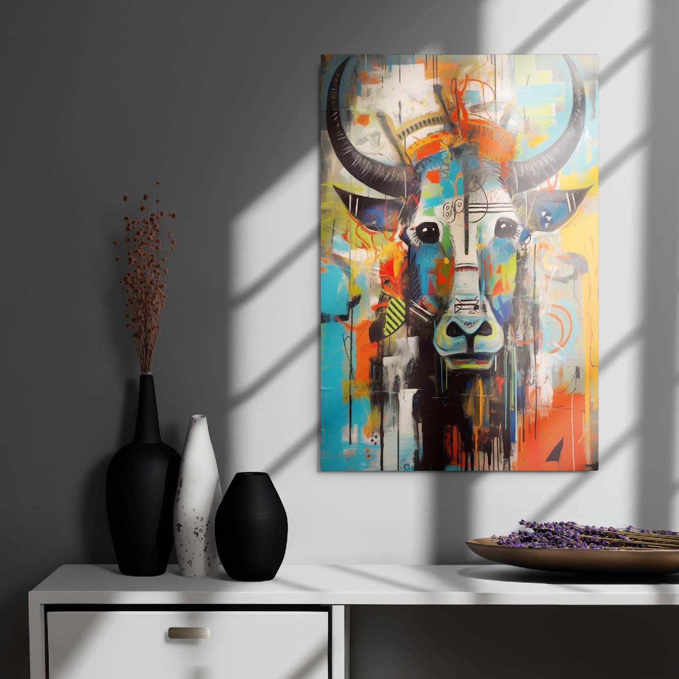 "Mural Bull" neo-expressionist bull metal poster in contemporary room with decorative vases