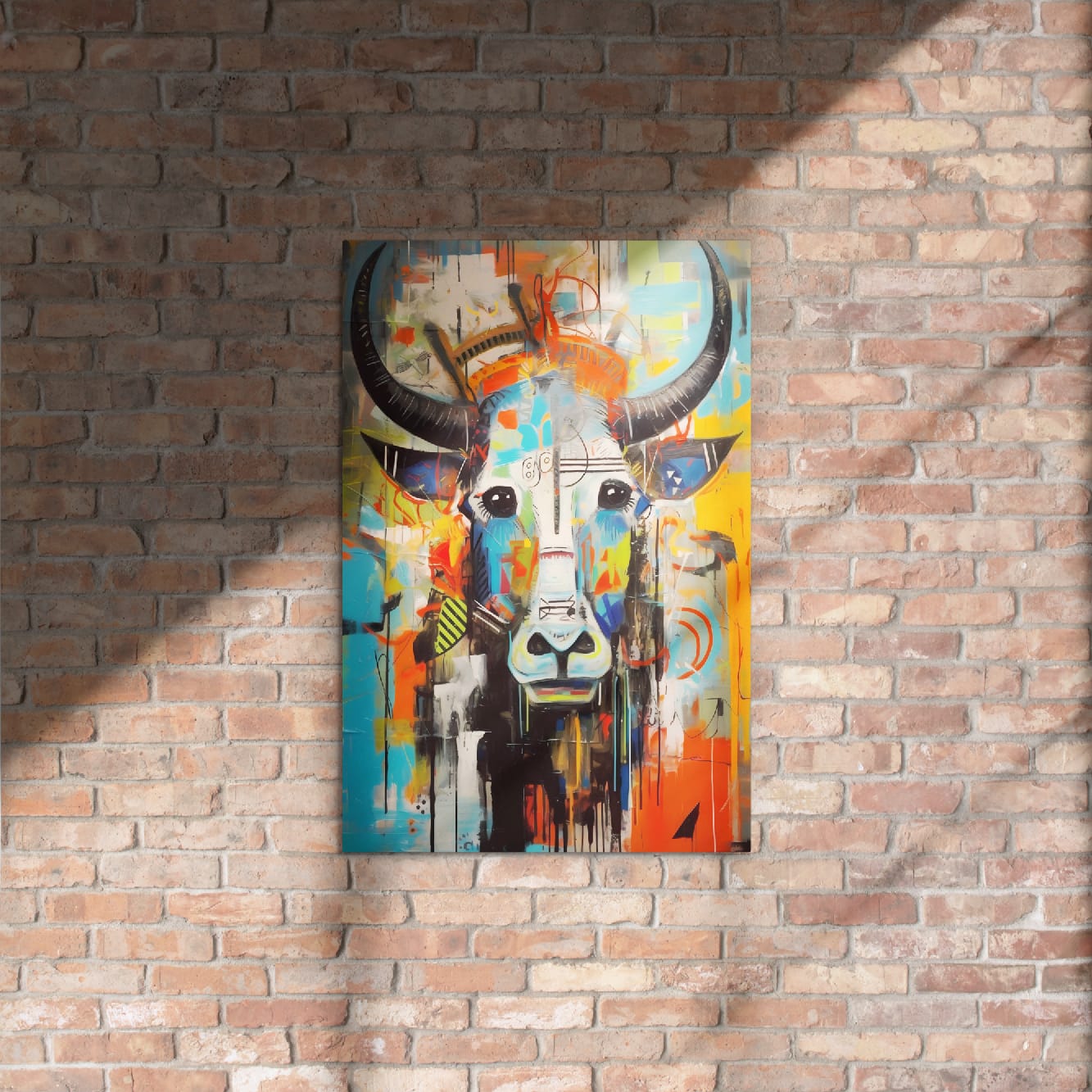 "Mural Bull" urban graffiti bull glossy print on rustic brick wall with sunlight