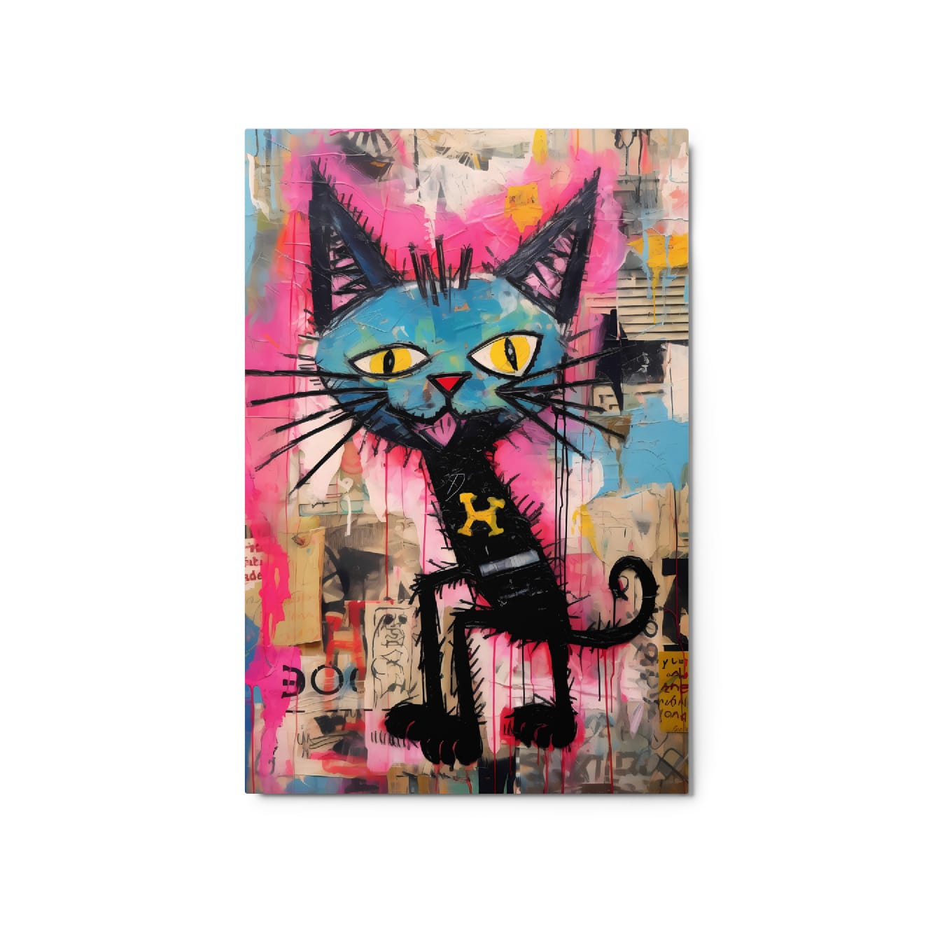 Quirky blue cat with bone tag collar neo-expressionist style glossy metal art print