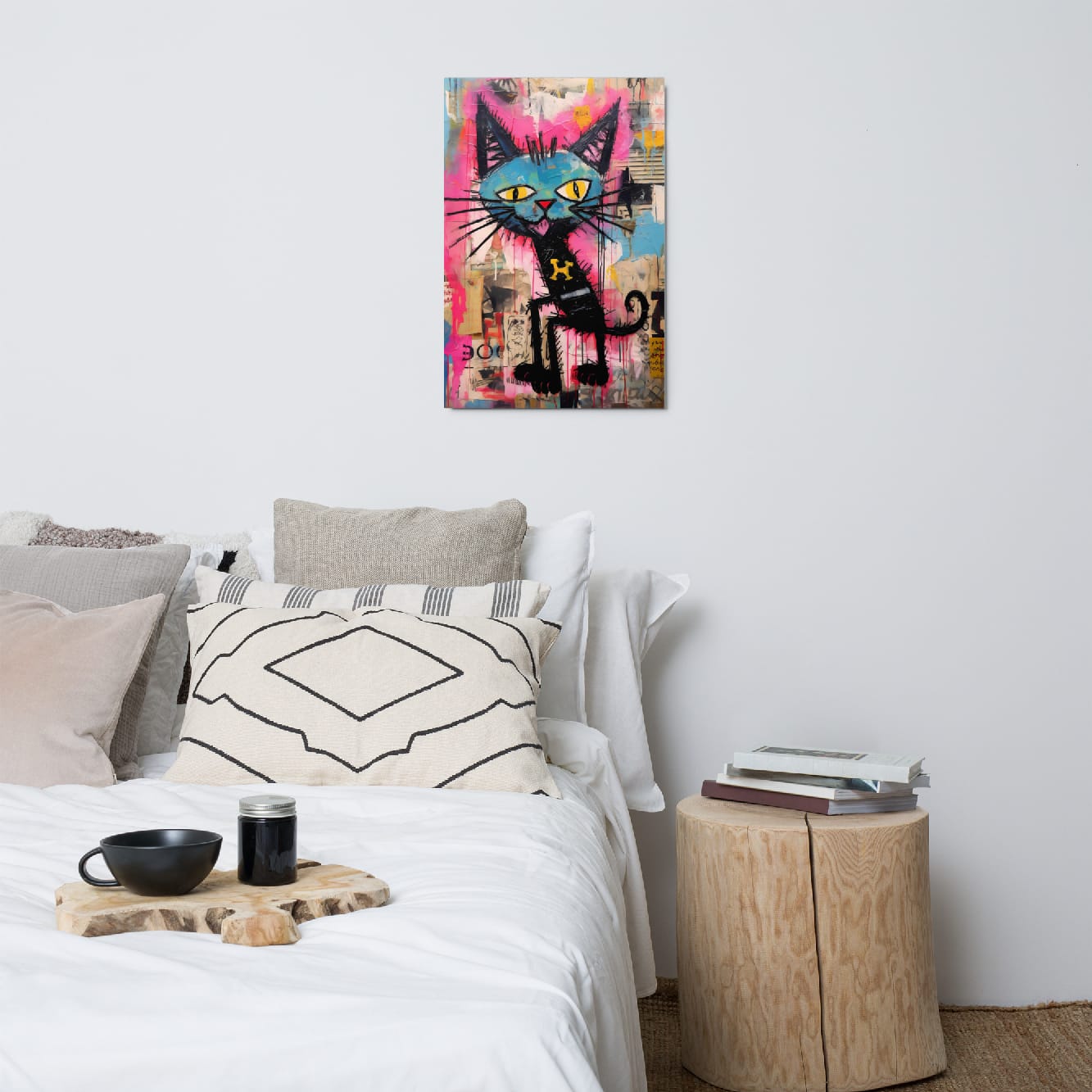 Pink and blue graffiti cat wall art 20″×30″ displayed above cozy bedroom bed