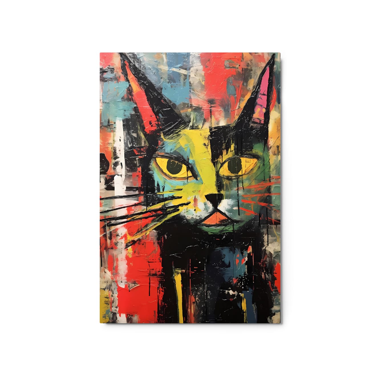 Neo-expressionist black cat portrait with vibrant yellow red and teal abstract background