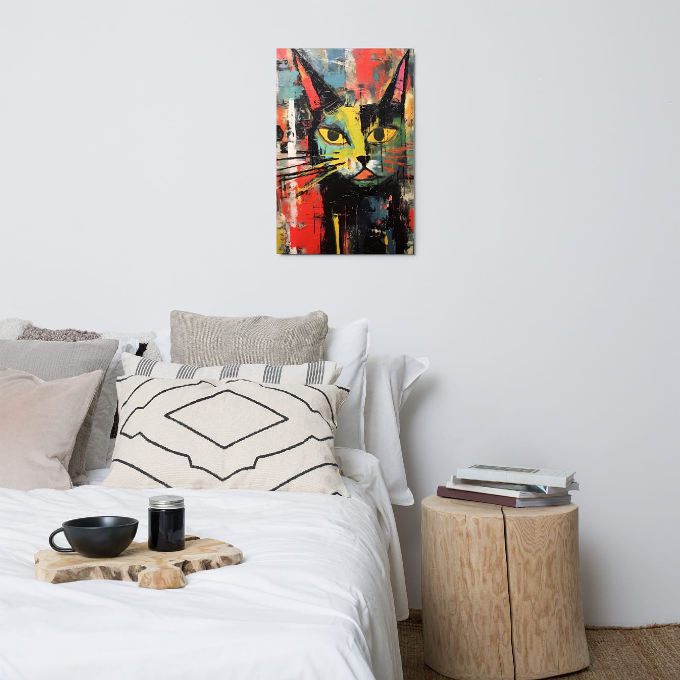 Abstract cat art metal print bedroom decor above cozy white bedding