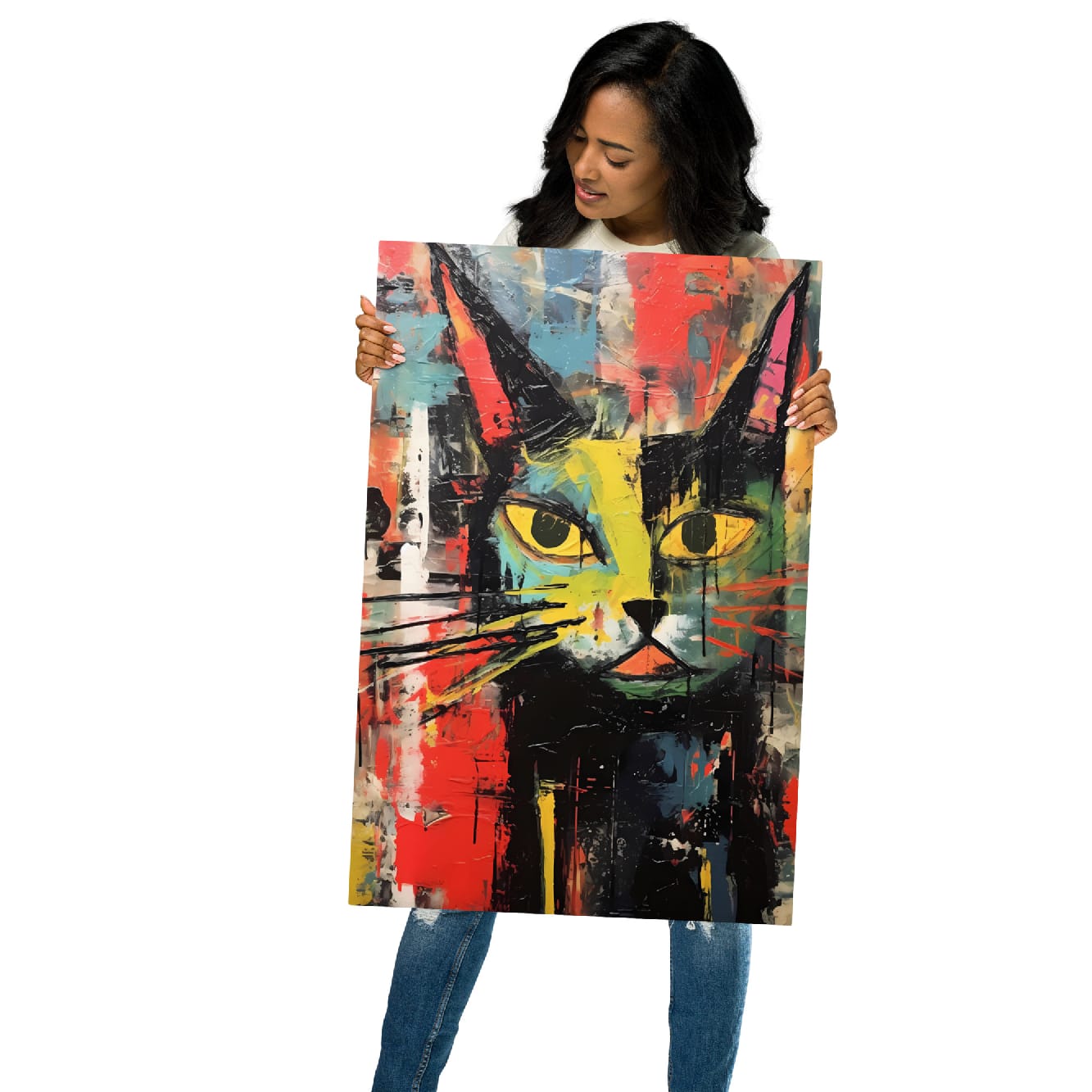 Woman showcasing 20″x30″ glossy metal cat art print with street art style design