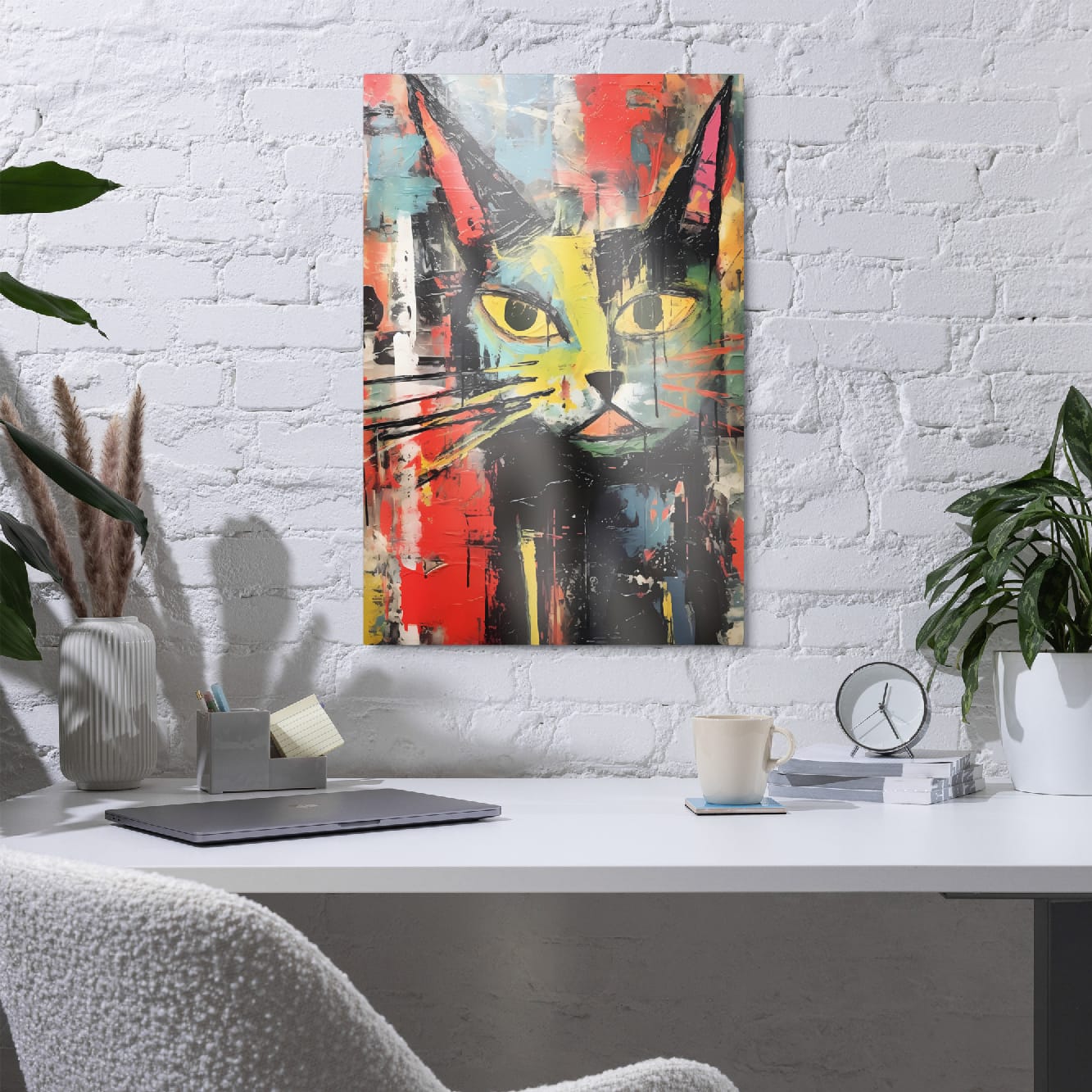 Bold abstract feline wall art on white brick wall above modern workspace desk