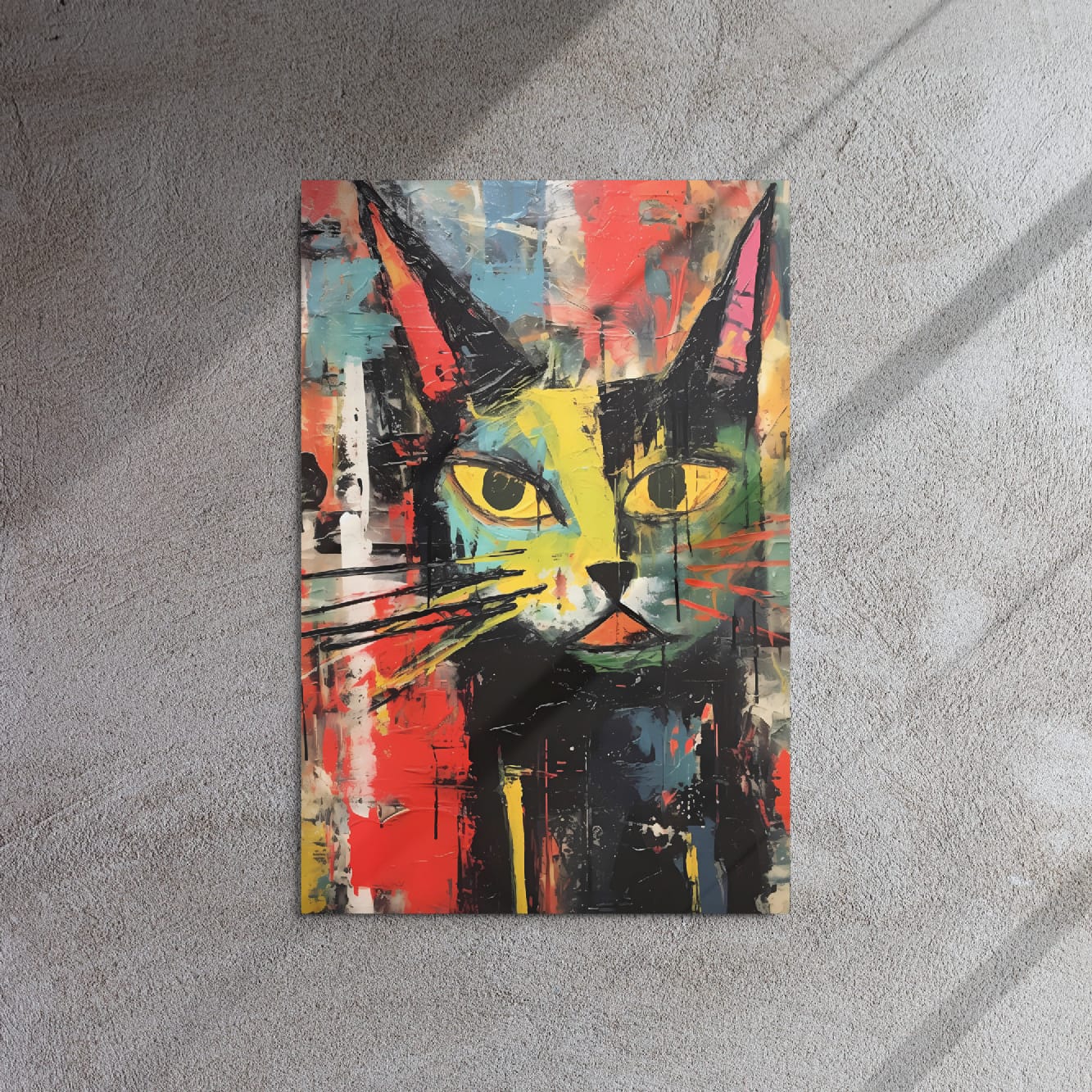 Textured abstract cat painting metal poster with sunlight and shadow on gray surface
