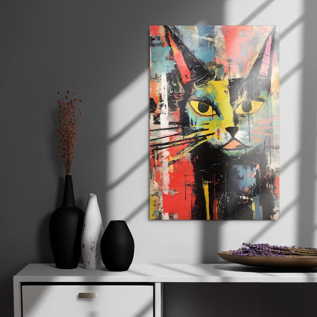 Vivid cat portrait metal wall decor in elegant room with decorative vases