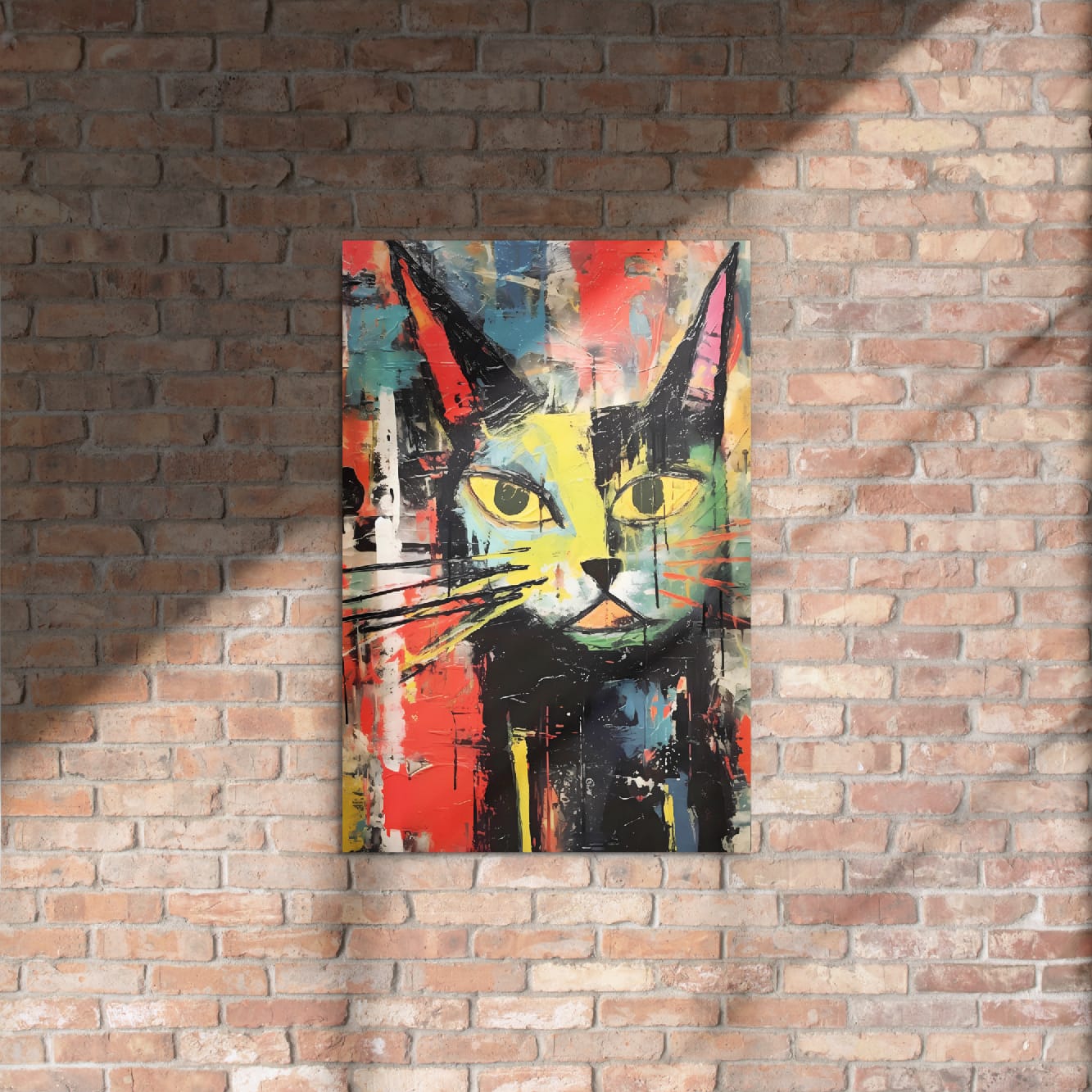 Street art inspired cat glossy print on rustic brick wall with natural light