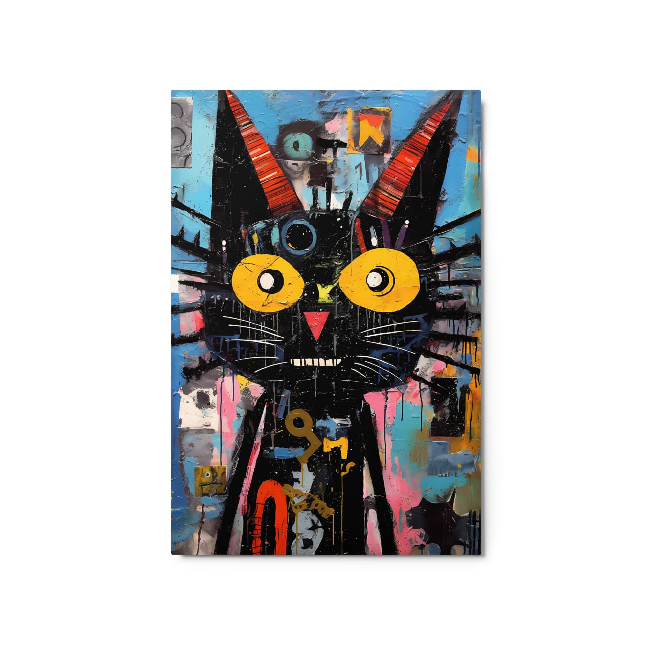 Whimsical black cat portrait with yellow eyes and pink nose abstract metal art print