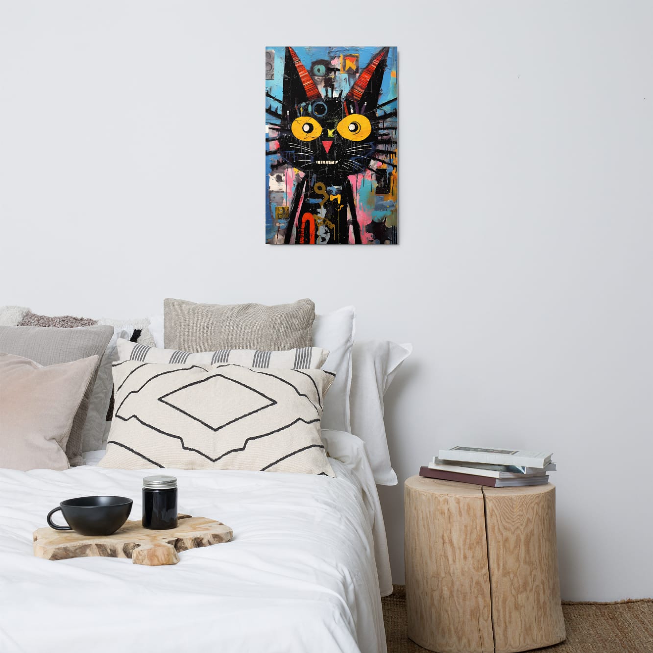 Playful abstract cat 20″×30″ metal print bedroom wall decor above white bedding