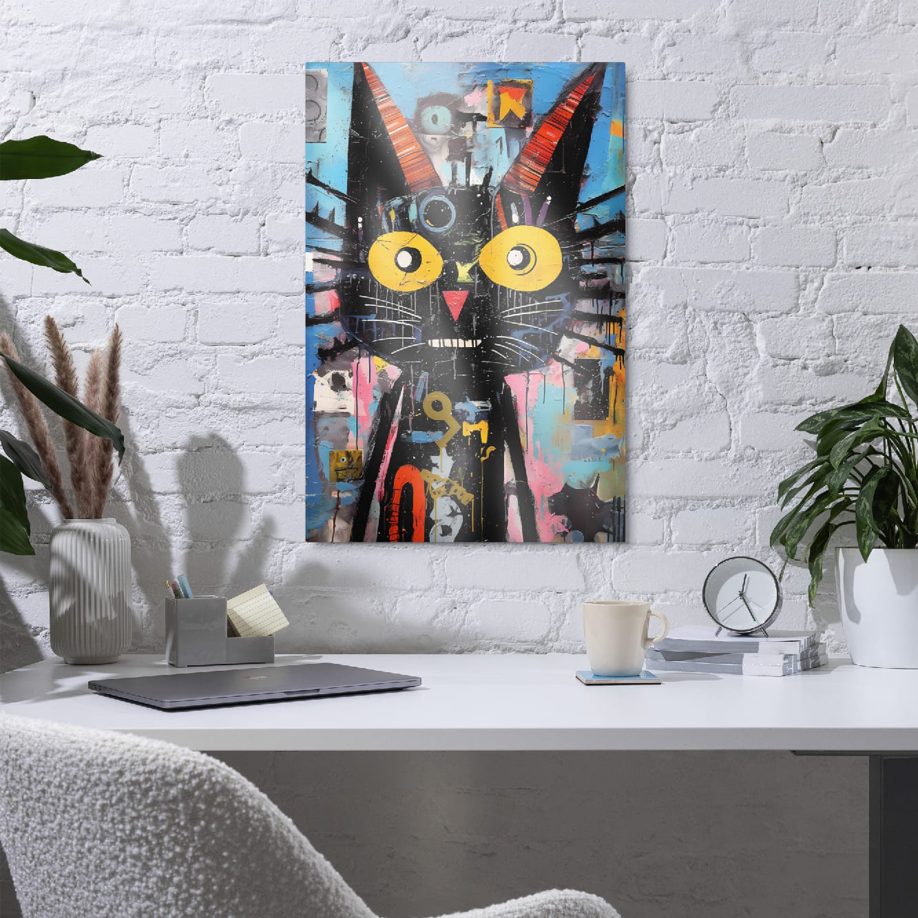 Graffiti style cat wall art on white brick above modern desk with plants