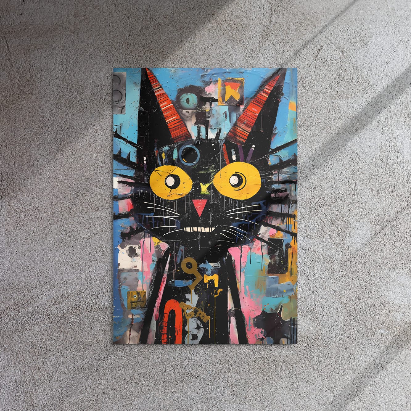Abstract expressionist cat print 20″×30″ on concrete surface with dramatic lighting