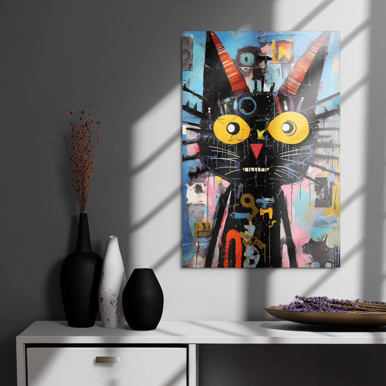 Colorful cat portrait metal poster in contemporary room with gray walls and vases