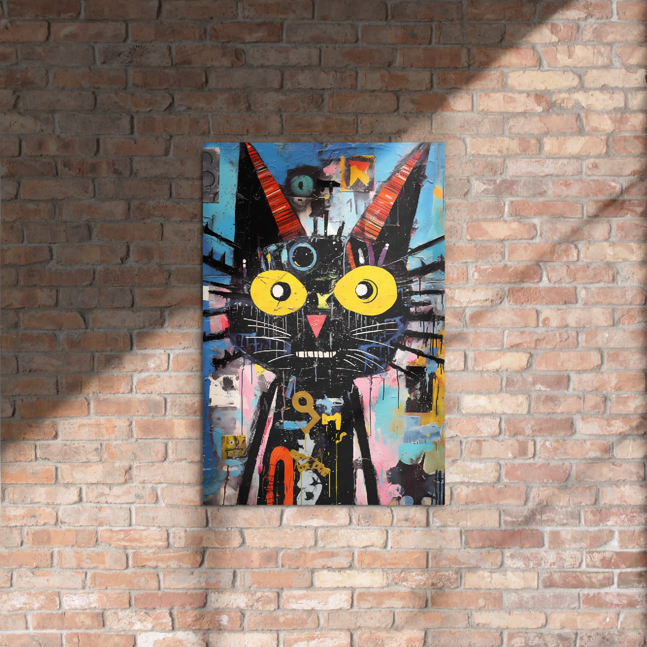 Street art black cat glossy metal print on exposed brick wall with sunlight