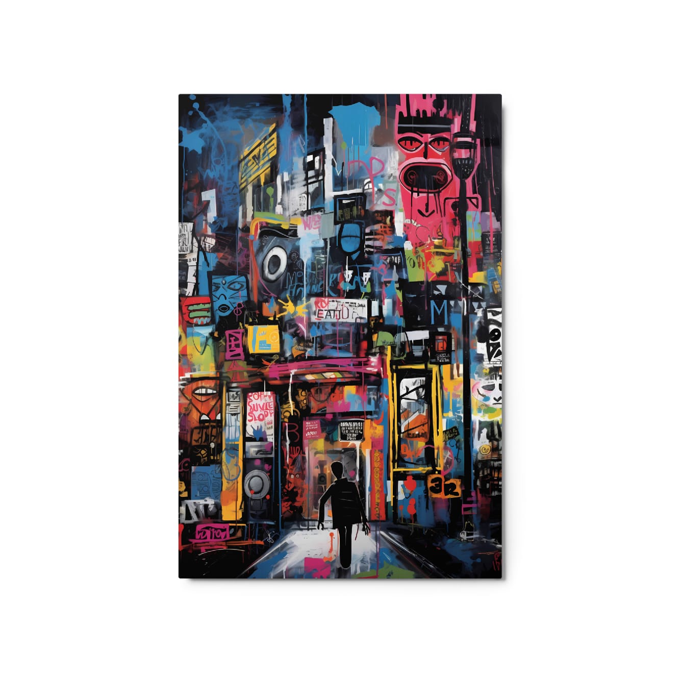 Urban Wanderer glossy metal print front view showing lone figure walking through vibrant graffiti-covered alley