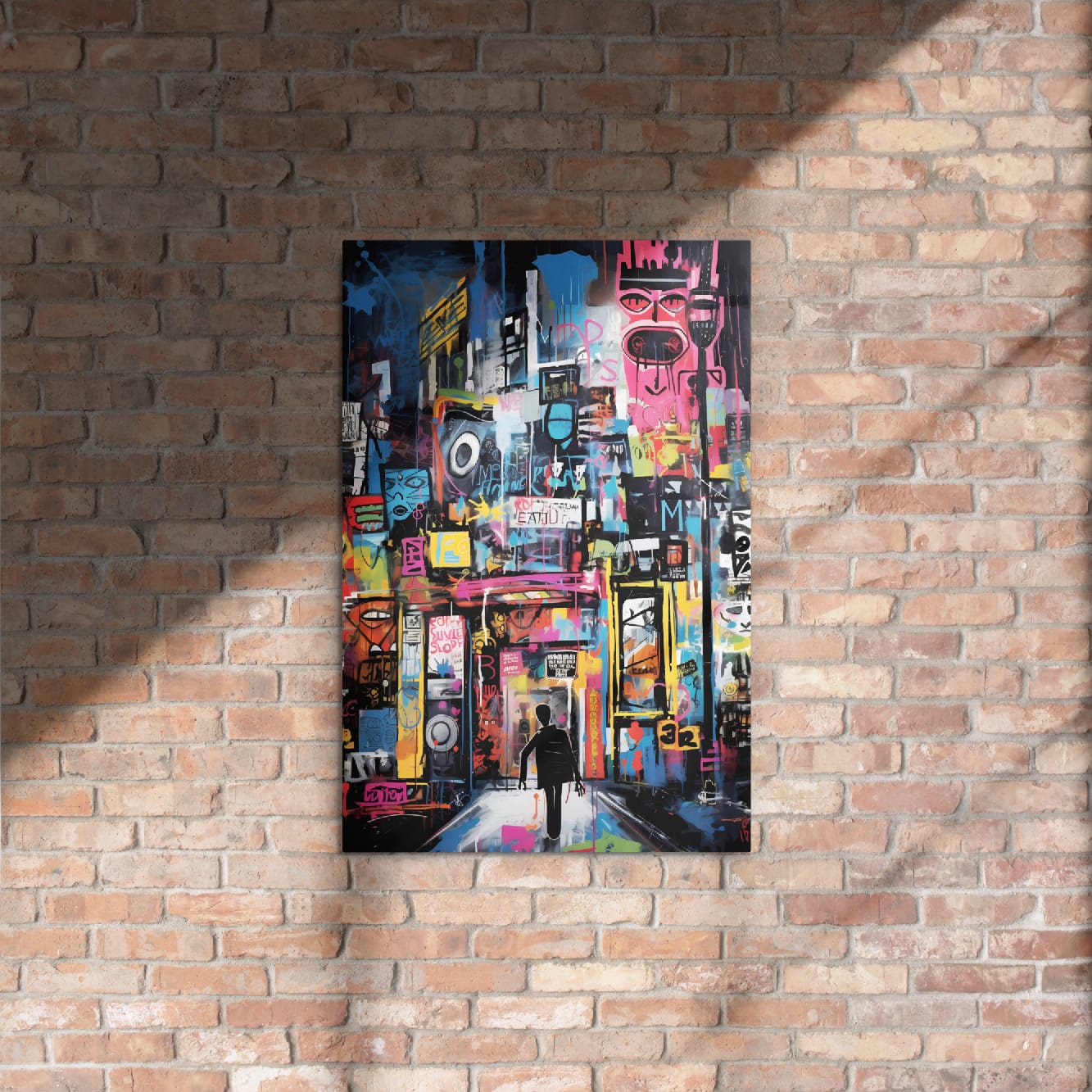 Street art metal wall decor on rustic brick wall with warm sunlight creating atmospheric shadow patterns