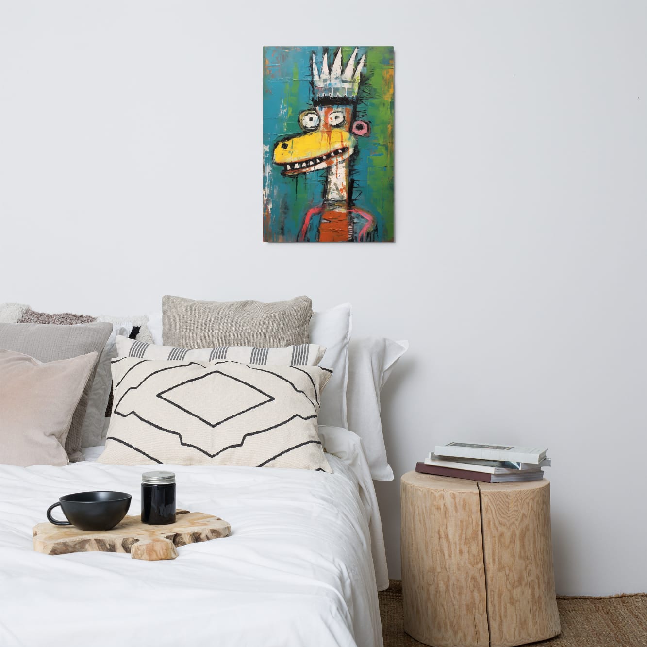 "Crowned Beast" glossy metal poster 20"x30" above bed in a modern bedroom, bold street-art crowned giraffe wall art with spiky crown, sketched teeth, and layered teal-to-lime paint textures, by GiveMeMood