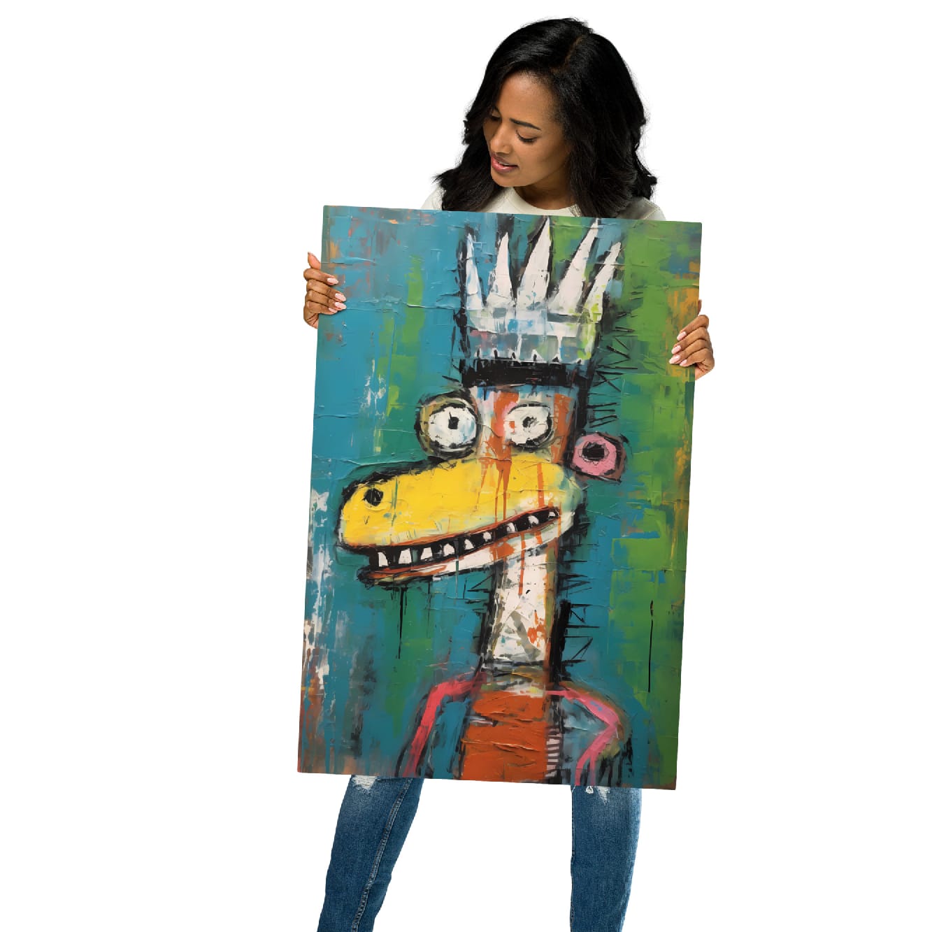 "Crowned Beast" glossy metal poster 20"x30" held by model, oversized graffiti crowned beast metal print with spiked white crown, cartoon eyes, yellow snout, and rough paint-streak background in teal and green, by GiveMeMood