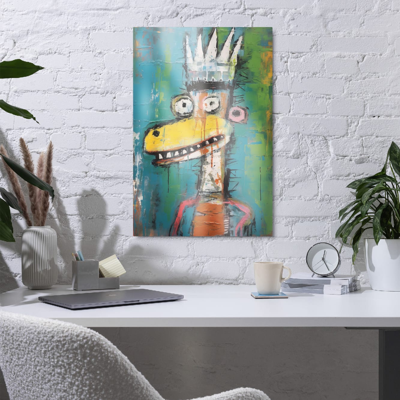 "Crowned Beast" glossy metal poster 20"x30" in a home office above desk on white brick wall, contemporary street-art crowned giraffe portrait with crown spikes, yellow muzzle, and grungy paint-drip teal/green backdrop, by GiveMeMood
