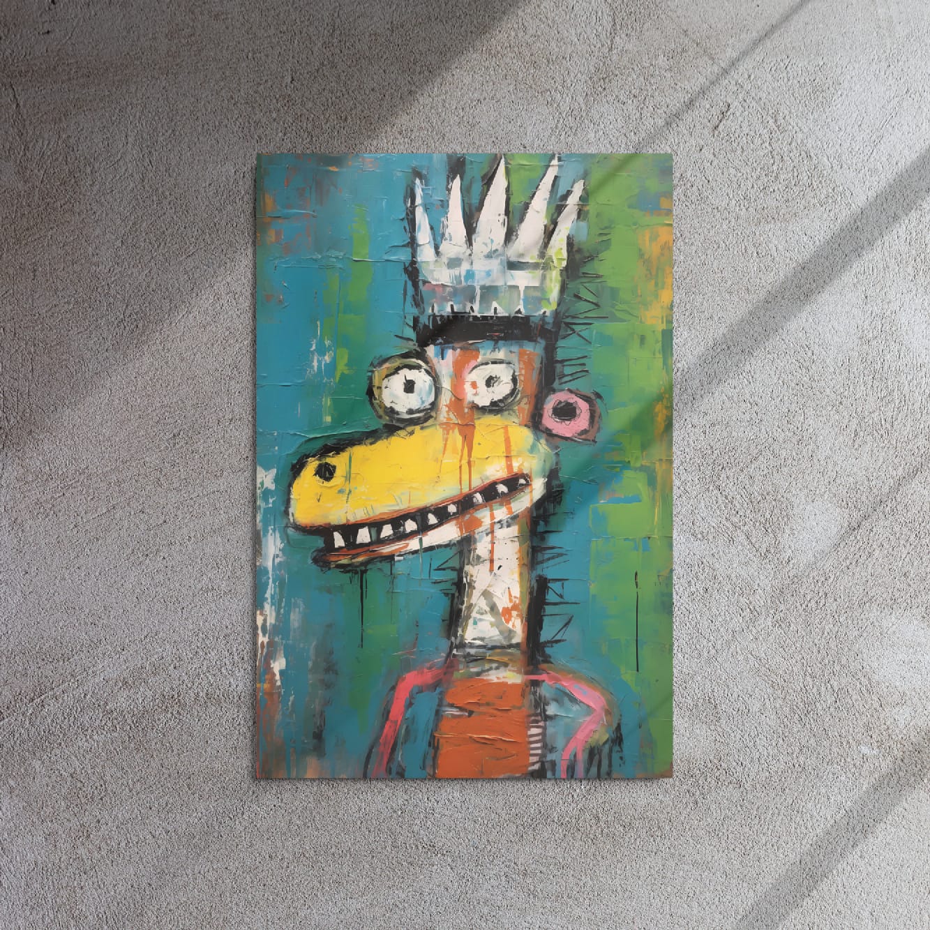 "Crowned Beast" glossy metal poster 20"x30" on textured concrete wall with diagonal window-light shadows, urban graffiti crowned beast with spiky crown, wide eyes, sketchy outlines, and distressed teal-green paint textures, by GiveMeMood