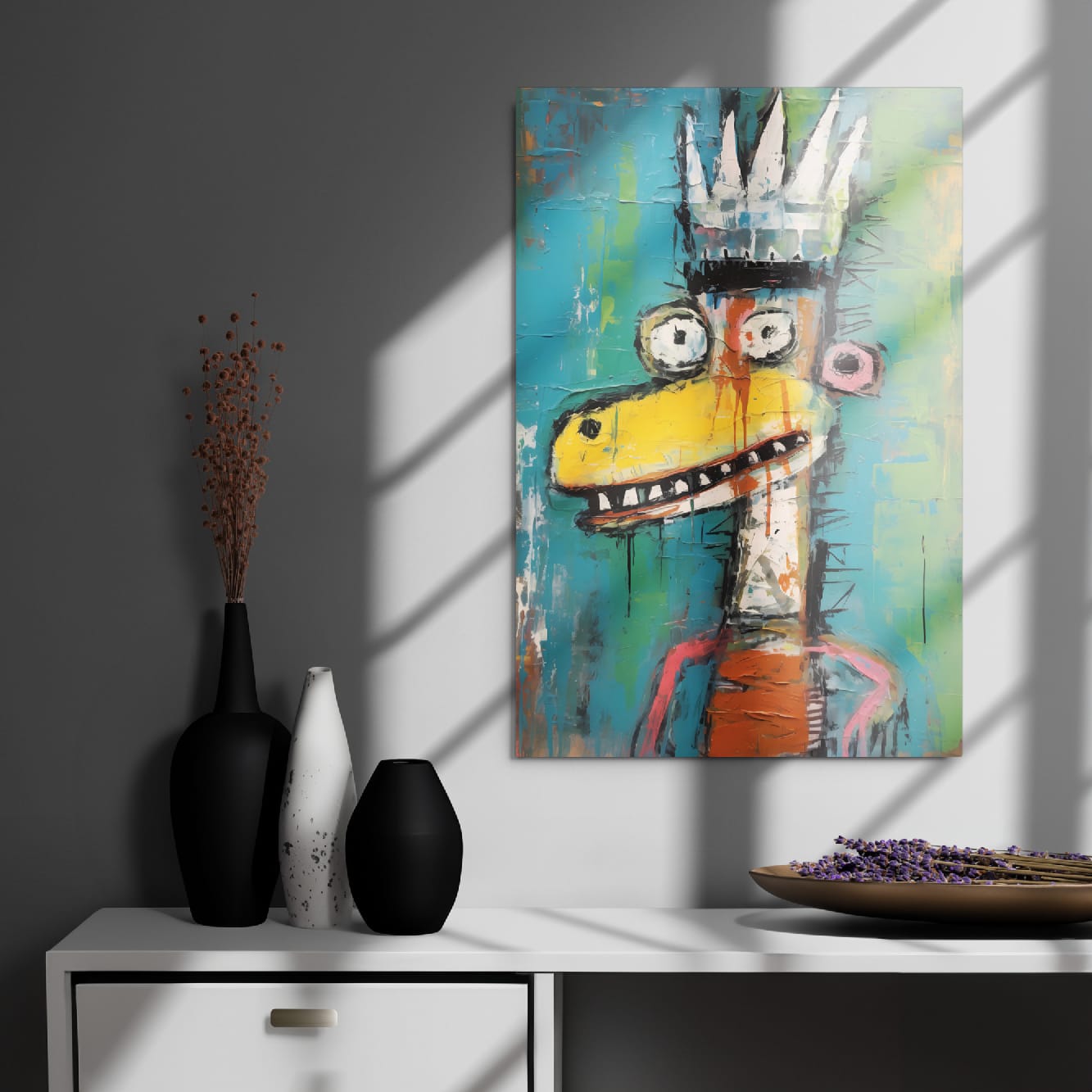 "Crowned Beast" glossy metal poster 20"x30" on modern gray wall above console decor with window-light shadows, colorful street-art crowned giraffe wall print with sharp crown, yellow snout, and teal-to-lime textured background, by GiveMeMood