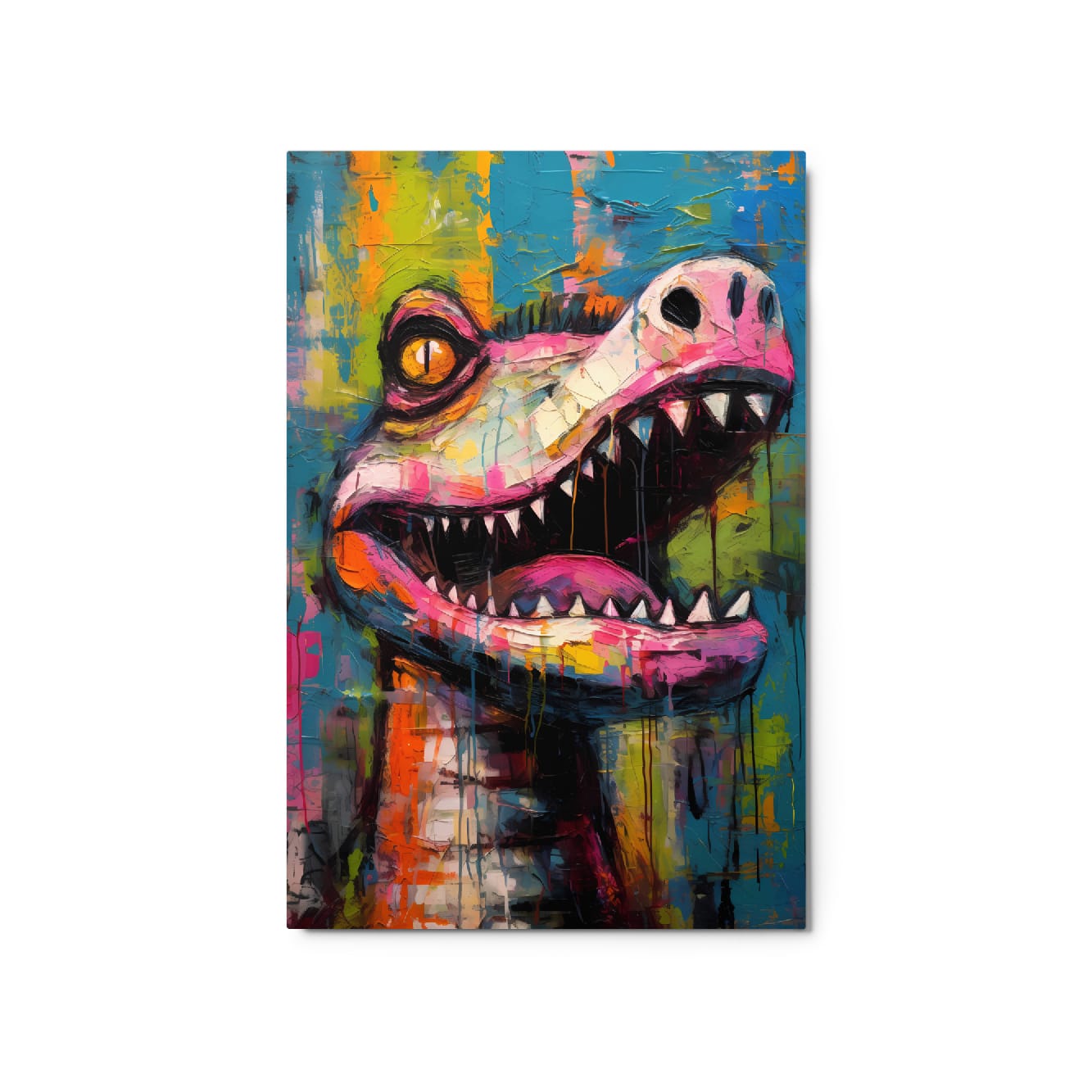 "Gator Grin" glossy metal poster 20"x30" product photo on white background, modern pop-art crocodile head with wide open mouth, jagged white teeth, amber eye, pink snout, and bright teal/yellow/orange paint splatters, by GiveMeMood