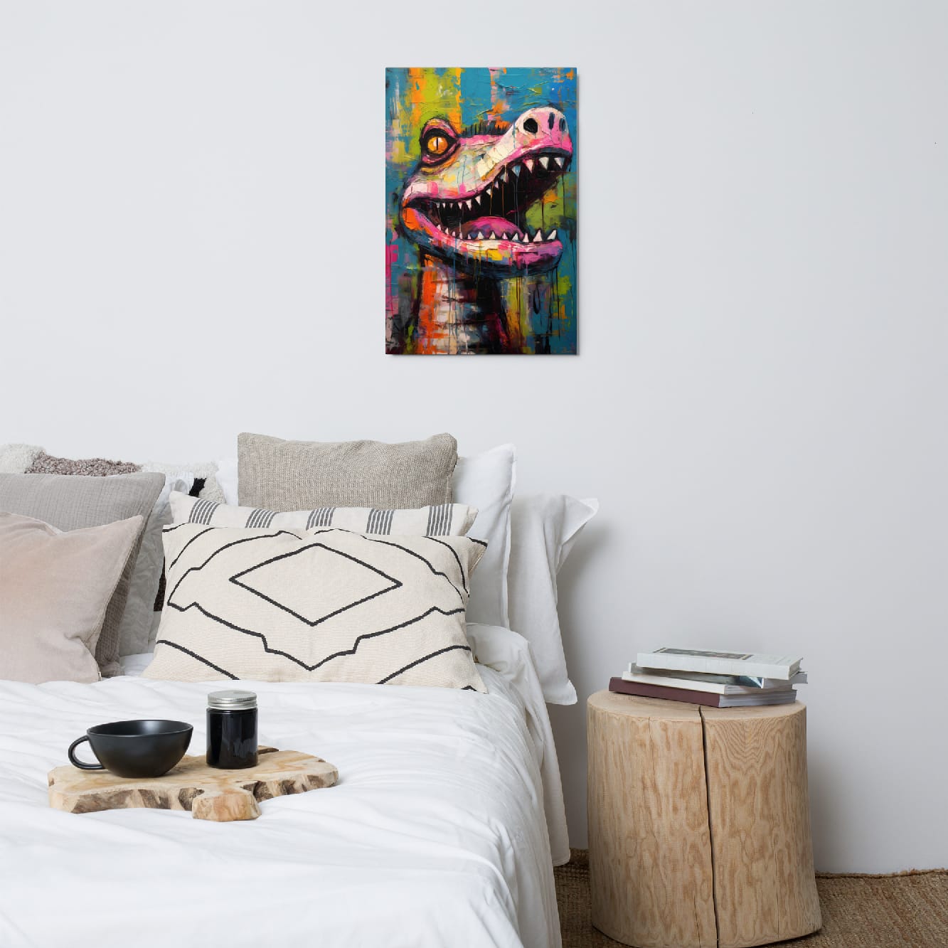 "Gator Grin" glossy metal poster 20"x30" above bed in a modern bedroom, vibrant street-art crocodile wall art with open jaws, sharp teeth, pink snout, and colorful paint-drip graffiti background, by GiveMeMood