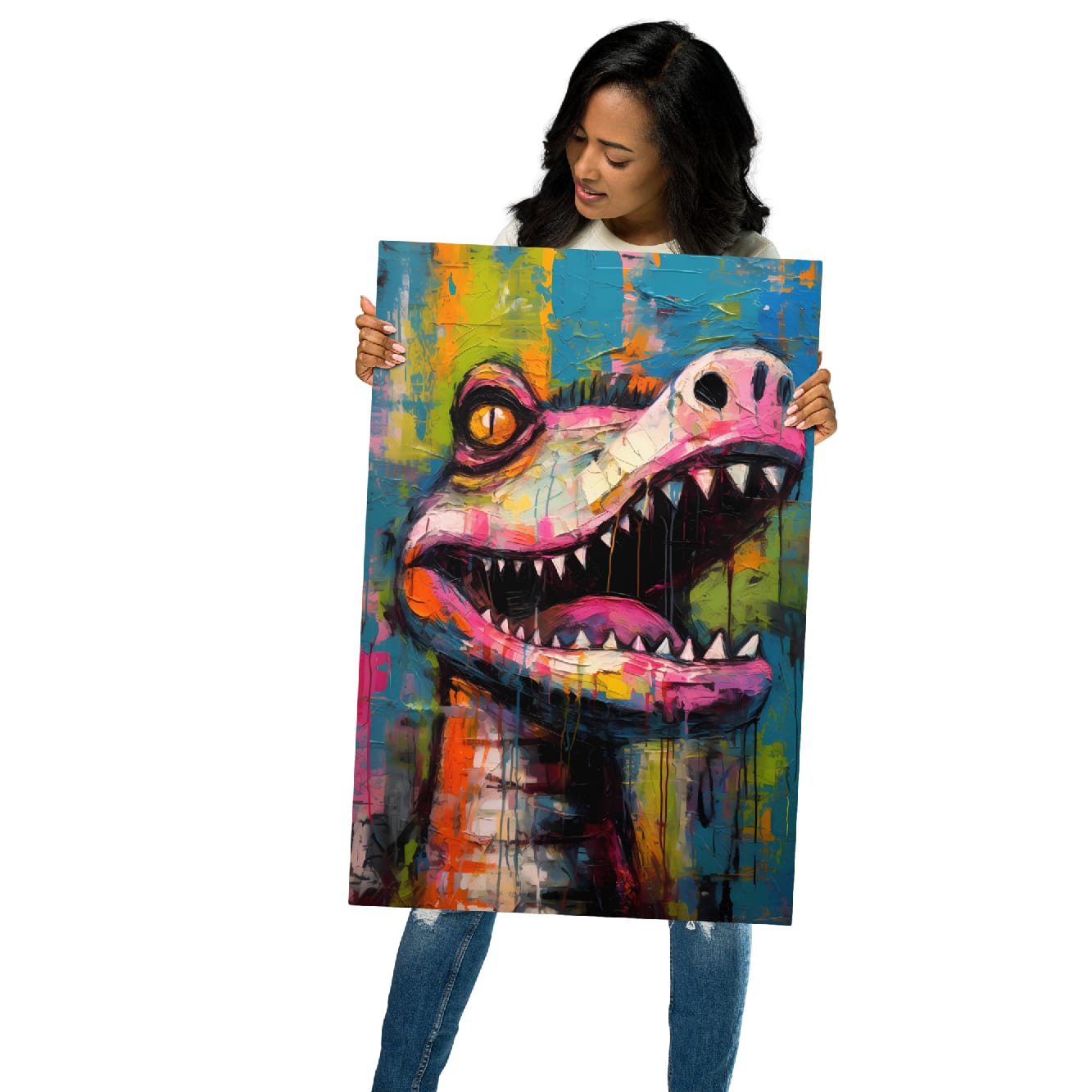 "Gator Grin" glossy metal poster 20"x30" held by model, oversized graffiti crocodile metal print with wide open jaws, sharp white teeth, pink snout, and vibrant teal-to-yellow paint-splatter background, by GiveMeMood