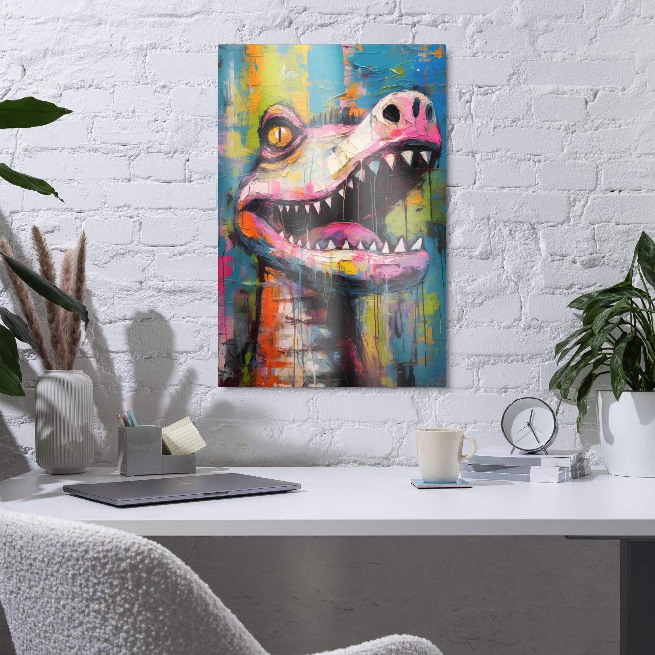 "Gator Grin" glossy metal poster 20"x30" in a home office above desk on white brick wall, contemporary graffiti crocodile wall decor with open jaws, sharp teeth, neon paint drips, and teal-blue textured background, by GiveMeMood