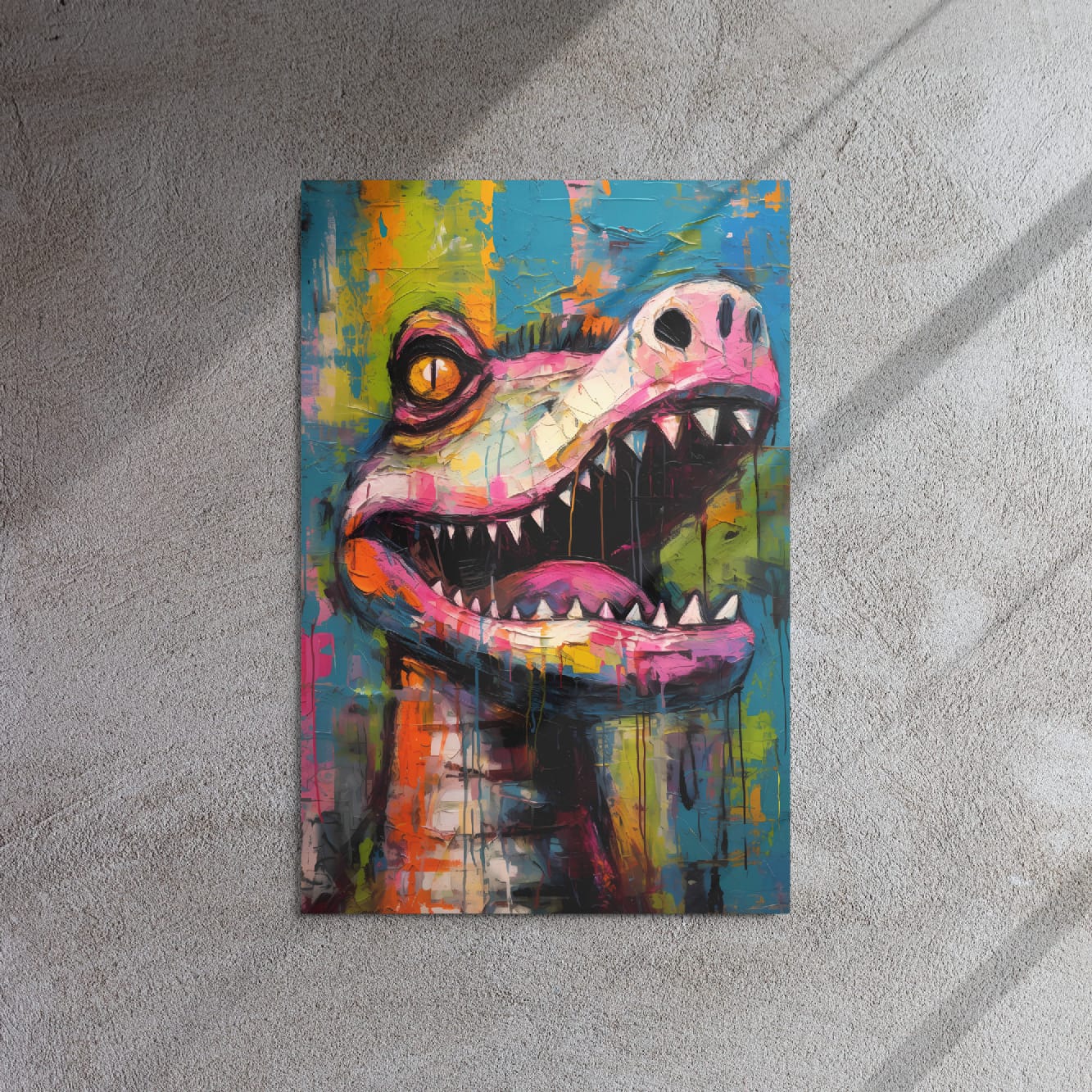 "Gator Grin" glossy metal poster 20"x30" on textured concrete wall with diagonal window-light shadows, street-art crocodile pop-art print with open mouth, sharp teeth, pink snout, and bold colorful paint drips, by GiveMeMood