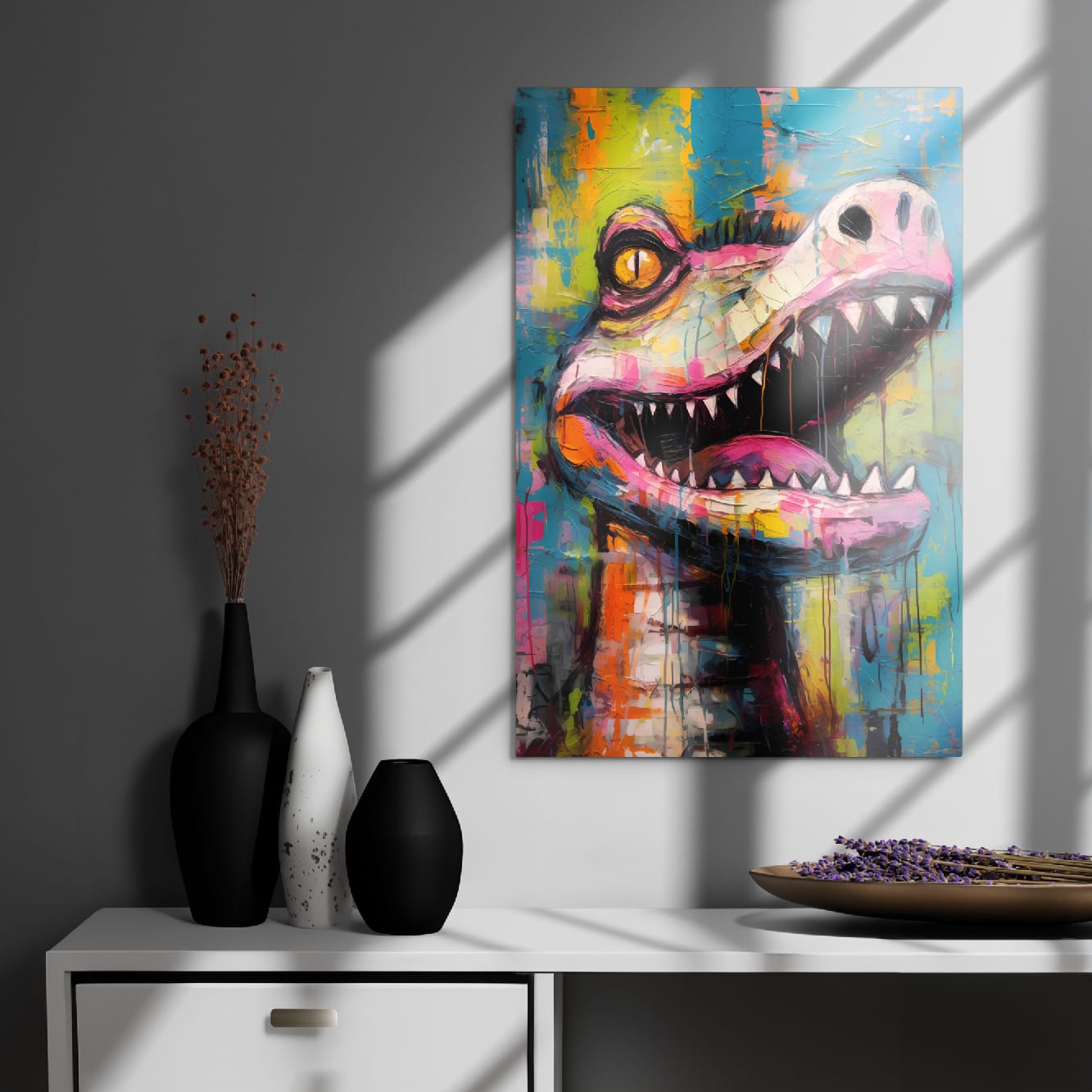 "Gator Grin" glossy metal poster 20"x30" on modern gray wall above console decor with window-light shadows, bold graffiti crocodile wall print with open mouth, sharp teeth, pink snout, and vivid paint-drip background, by GiveMeMood
