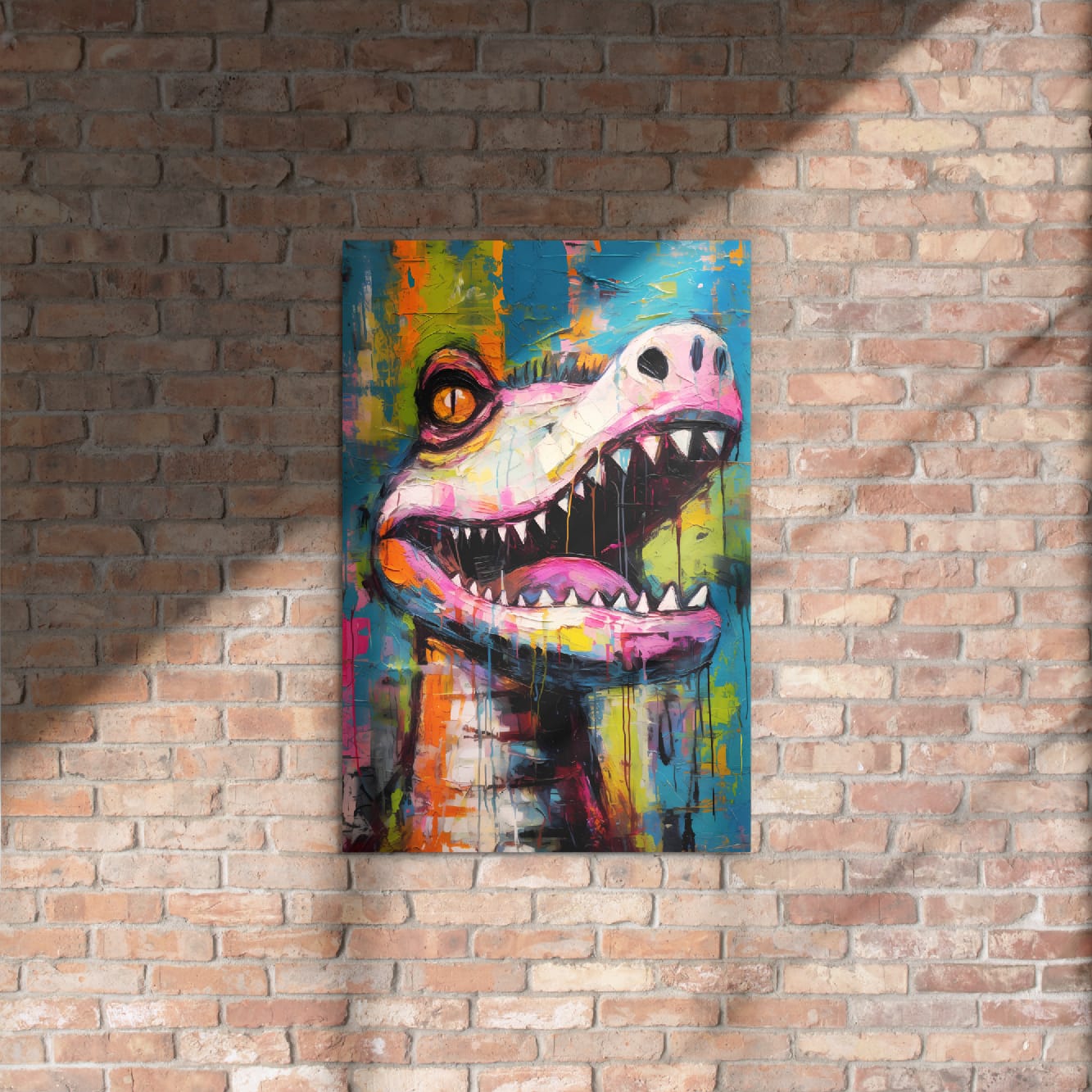 "Gator Grin" glossy metal poster 20"x30" on rustic brick wall with sun shadows, colorful street-art crocodile head with open jaws, sharp teeth, amber eye, pink snout, and dripping paint textures, by GiveMeMood
