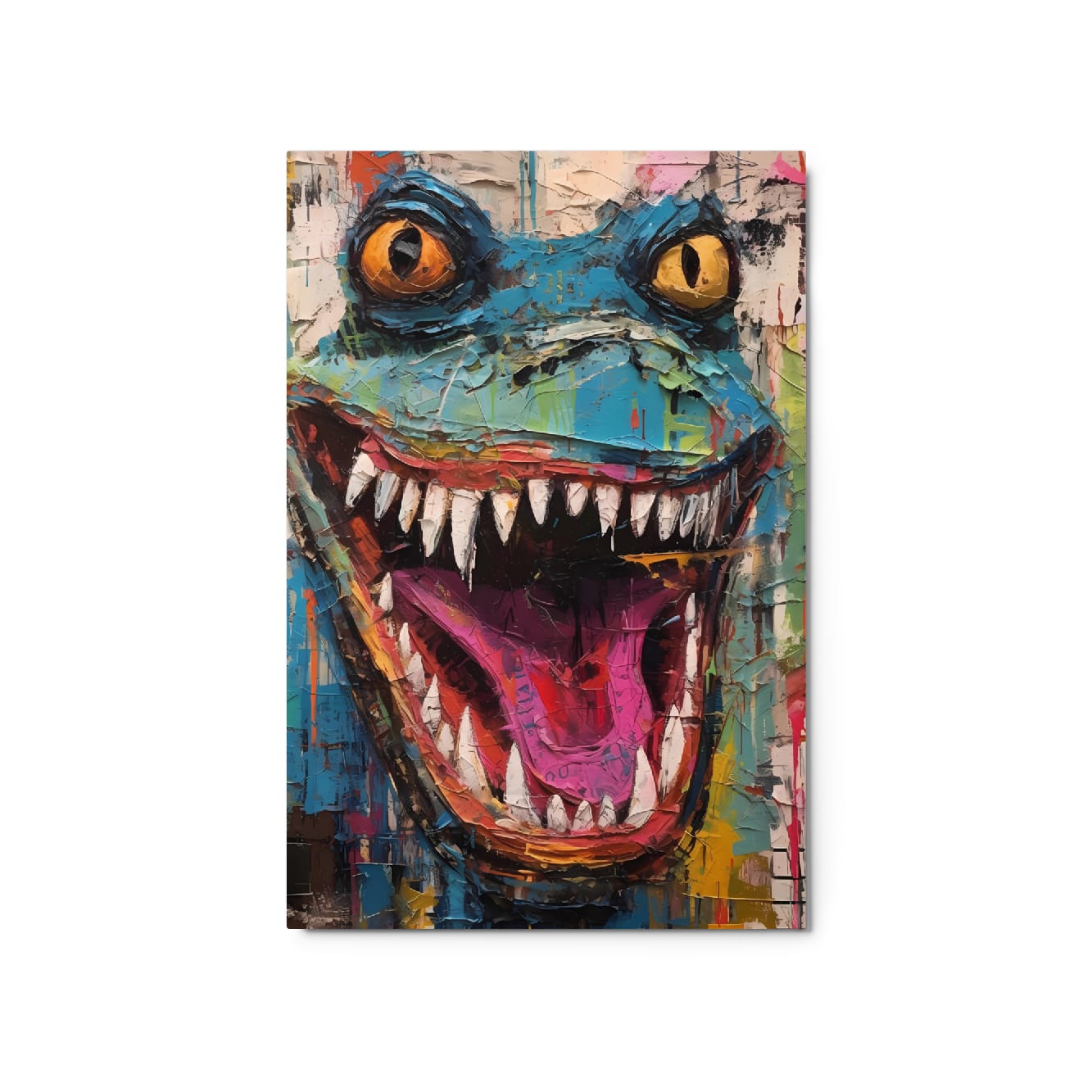 "Grinning Beast" glossy metal poster 20"x30" product photo on white background, abstract pop-art lizard portrait with wide grin, jagged teeth, amber-yellow eyes, teal snout, magenta tongue, and thick paint textures, by GiveMeMood