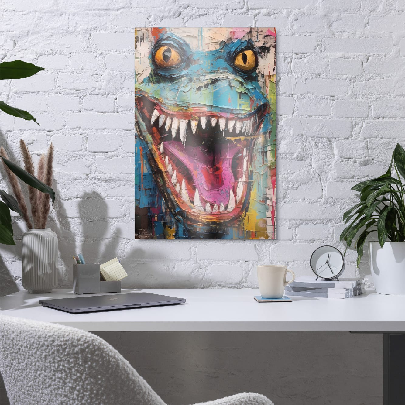 "Grinning Beast" glossy metal poster 20"x30" in a home office above desk on white brick wall, contemporary street-art lizard wall decor with open mouth, sharp teeth, teal face, and vivid magenta tongue, by GiveMeMood