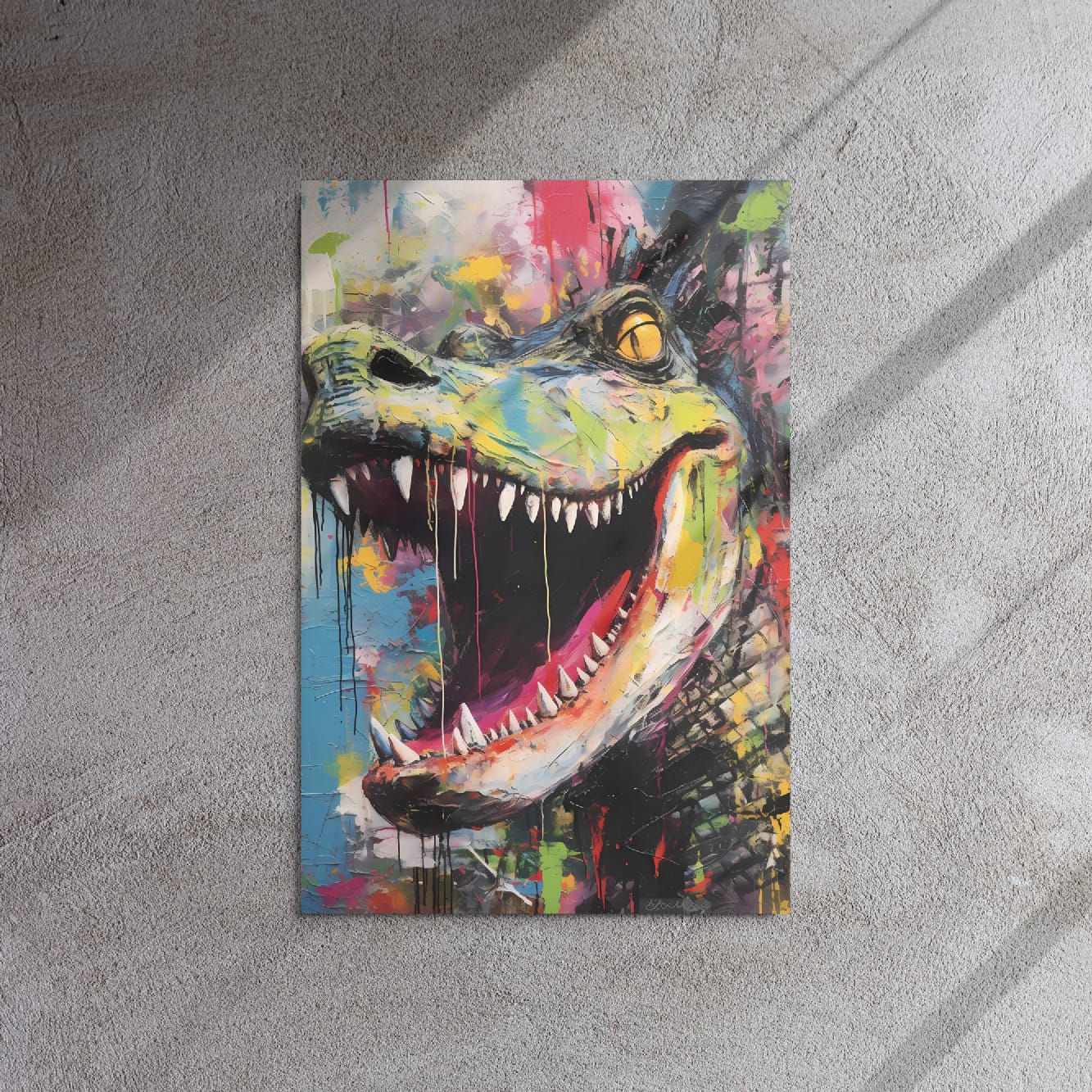 "Primal Roar" glossy metal poster 20"x30" on textured concrete wall with diagonal window-light shadows, abstract roaring dinosaur metal print with open jaws, sharp teeth, neon green-yellow face, and vivid graffiti paint splashes, by GiveMeMood
