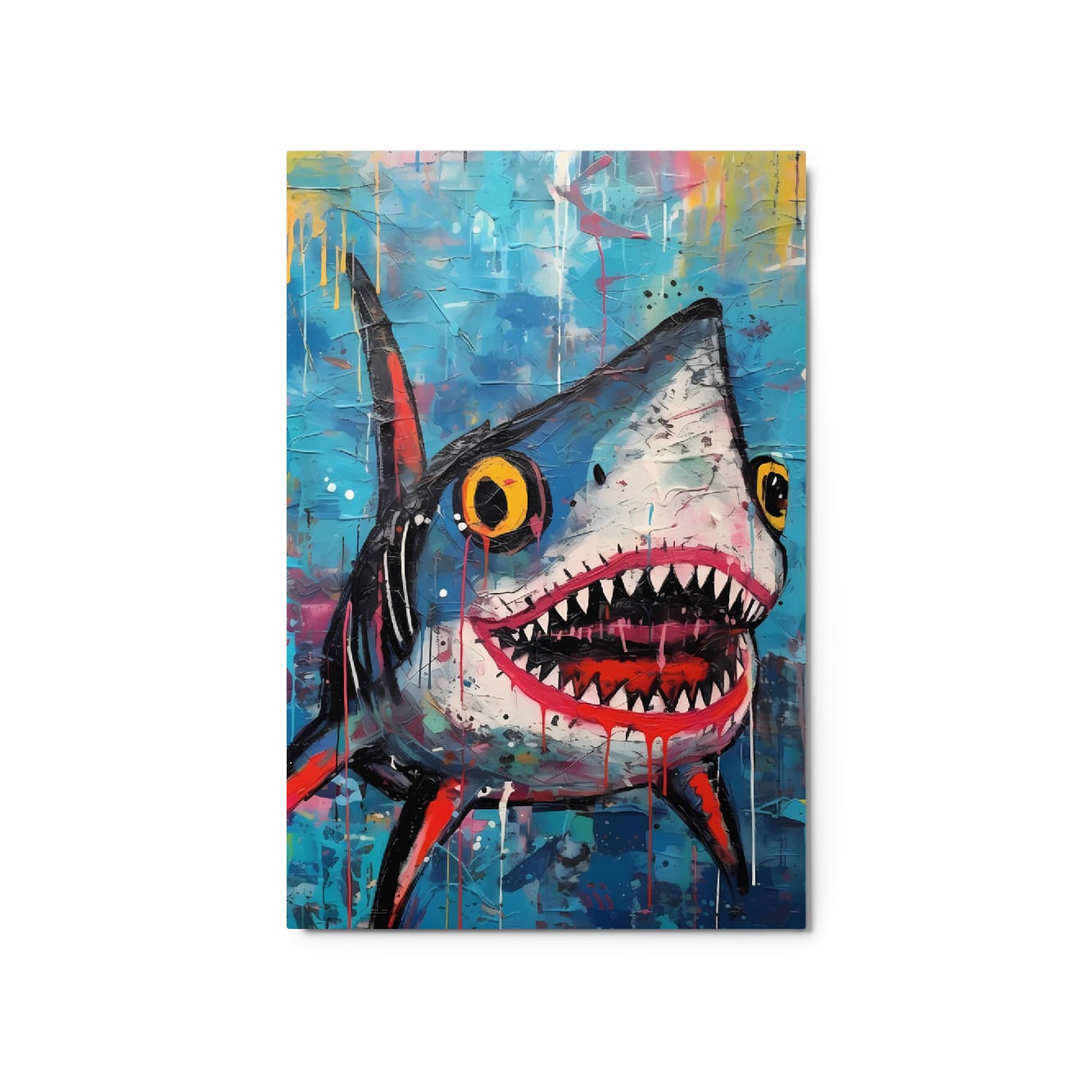 "Neon Predator" glossy metal poster 20"x30" product photo on white background, close-up abstract shark portrait with open mouth, jagged teeth, yellow eyes, hot-pink gums, and dripping street-art paint textures, by GiveMeMood