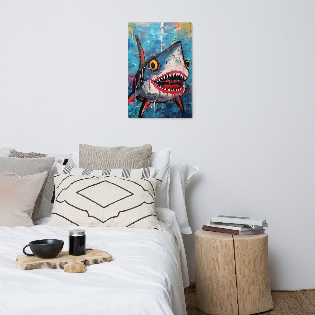 "Neon Predator" glossy metal poster 20"x30" above bed in a modern bedroom, contemporary shark metal wall art with fierce open-mouth grin, pointed teeth, yellow eyes, and bright blue graffiti paint drips, by GiveMeMood