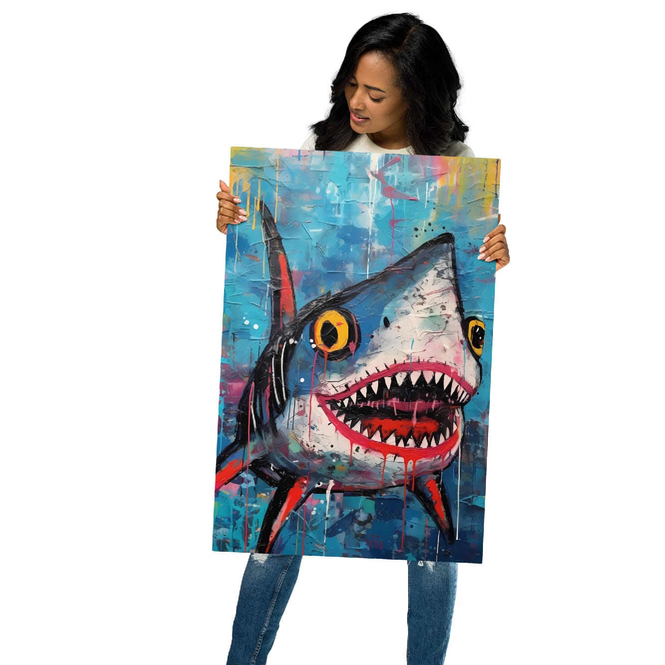 "Neon Predator" glossy metal poster 20"x30" held by model, oversized graffiti shark metal print with wide grin, razor teeth, yellow eyes, red-and-pink mouth details, and layered teal paint splashes, by GiveMeMood