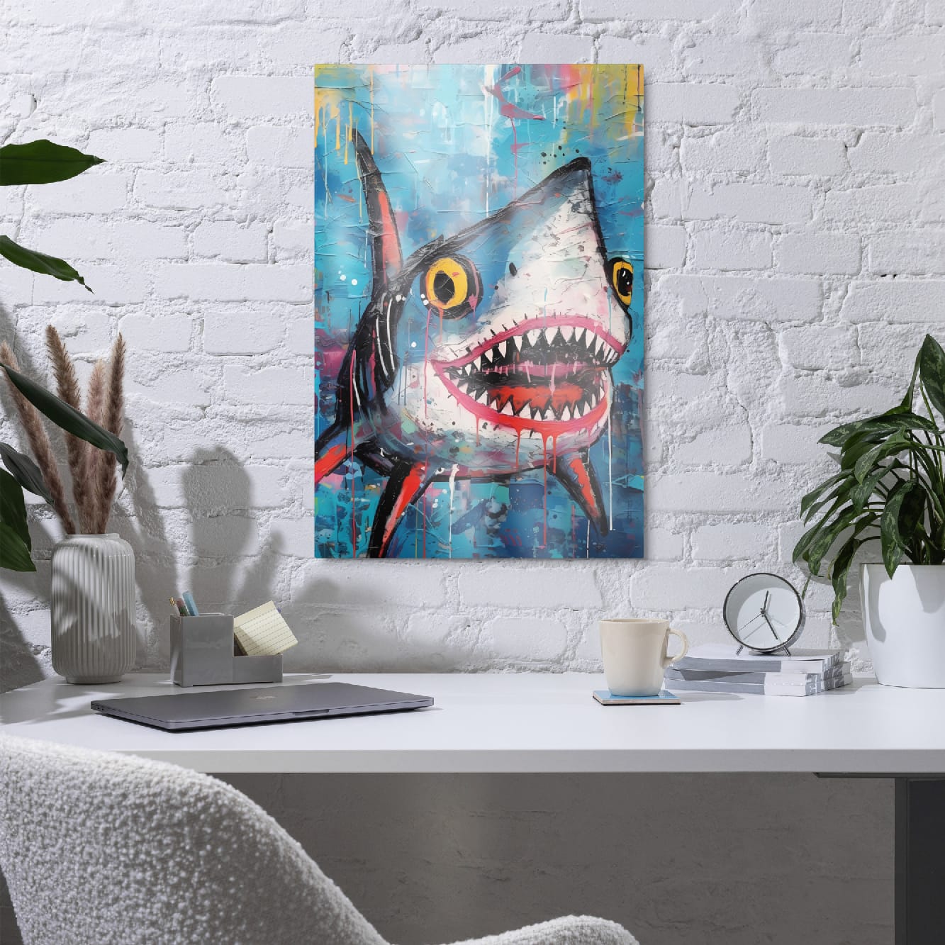 "Neon Predator" glossy metal poster 20"x30" in a home office above desk on white brick wall, bold shark graffiti wall decor with open jaws, sharp teeth, yellow eyes, and vivid aqua paint-drip background, by GiveMeMood