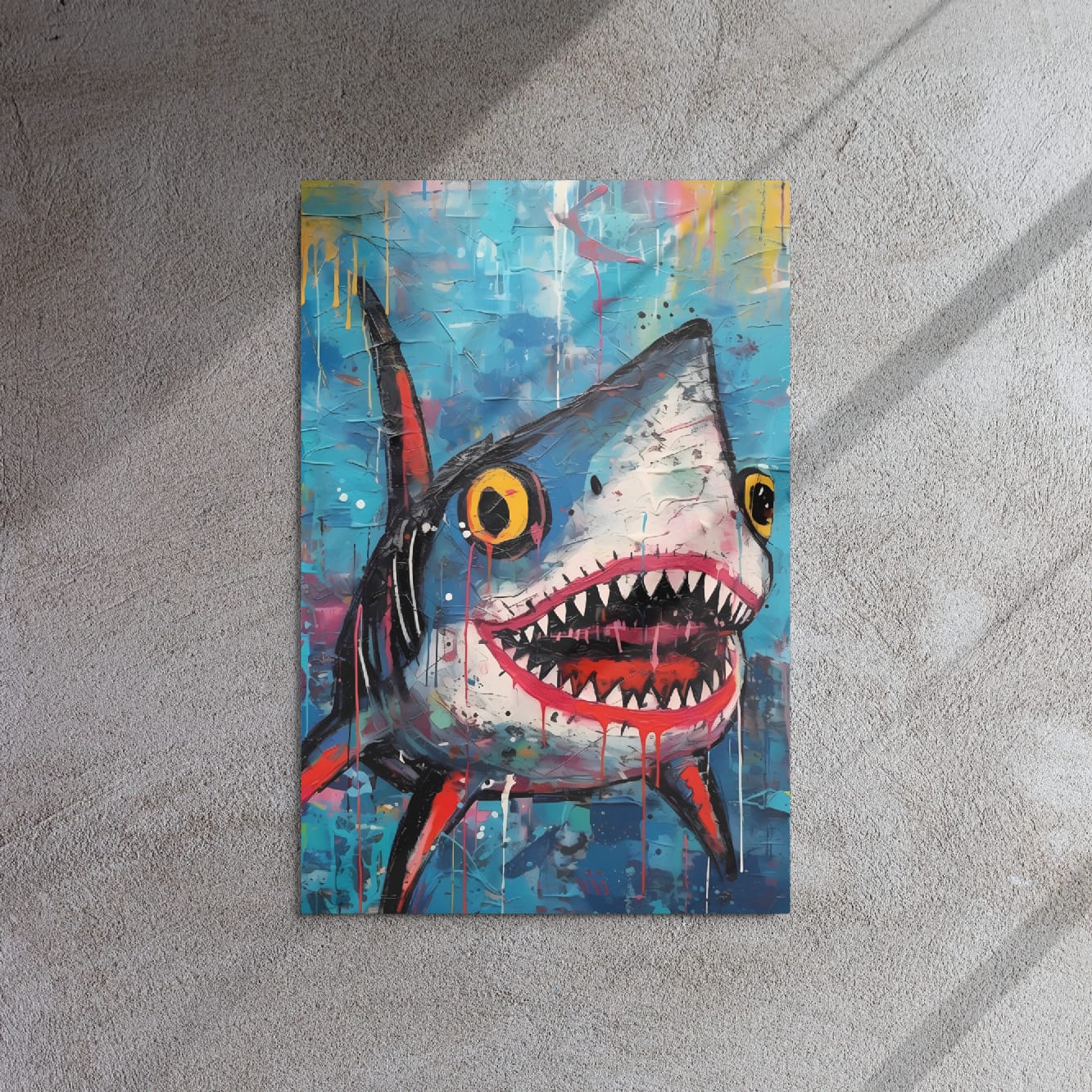 "Neon Predator" glossy metal poster 20"x30" on textured concrete wall with diagonal window-light shadows, abstract shark pop-art metal print with open mouth, jagged teeth, yellow eyes, and splattered blue street-art texture, by GiveMeMood