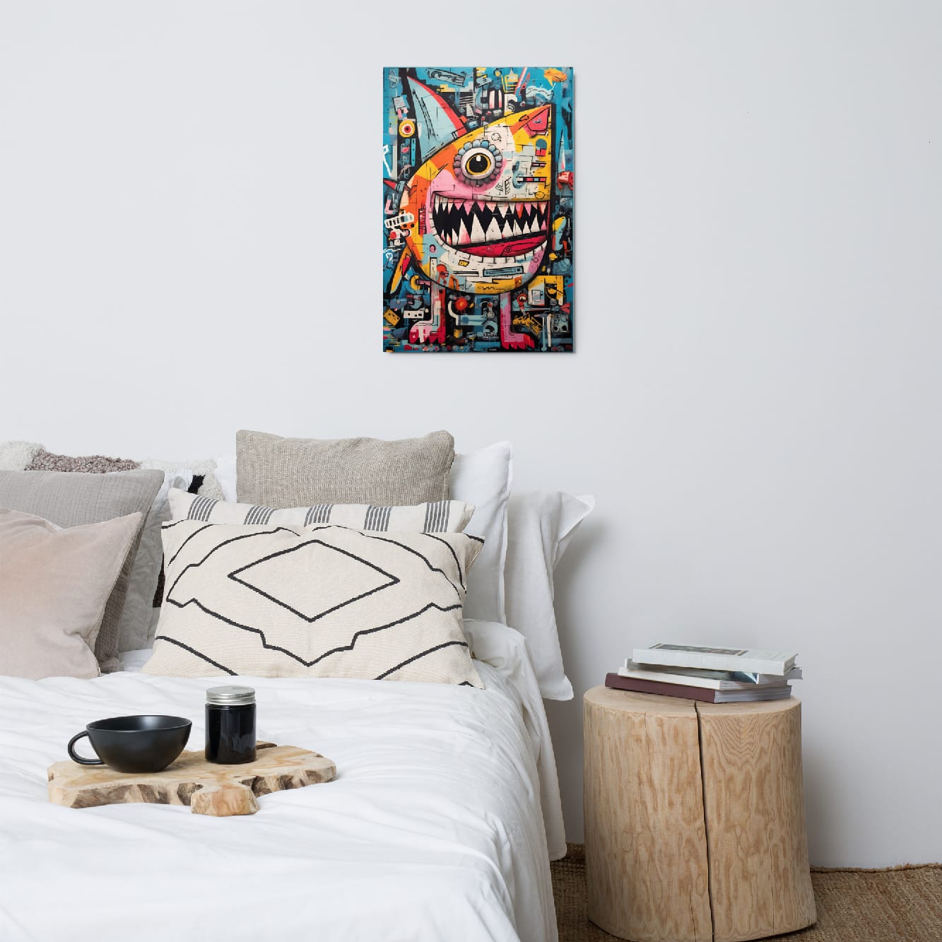"Urban Chomp" glossy metal poster 20"x30" above bed in a modern bedroom, contemporary monster metal wall art with a cyclops character, bold jagged teeth, and vibrant teal graffiti background, by GiveMeMood