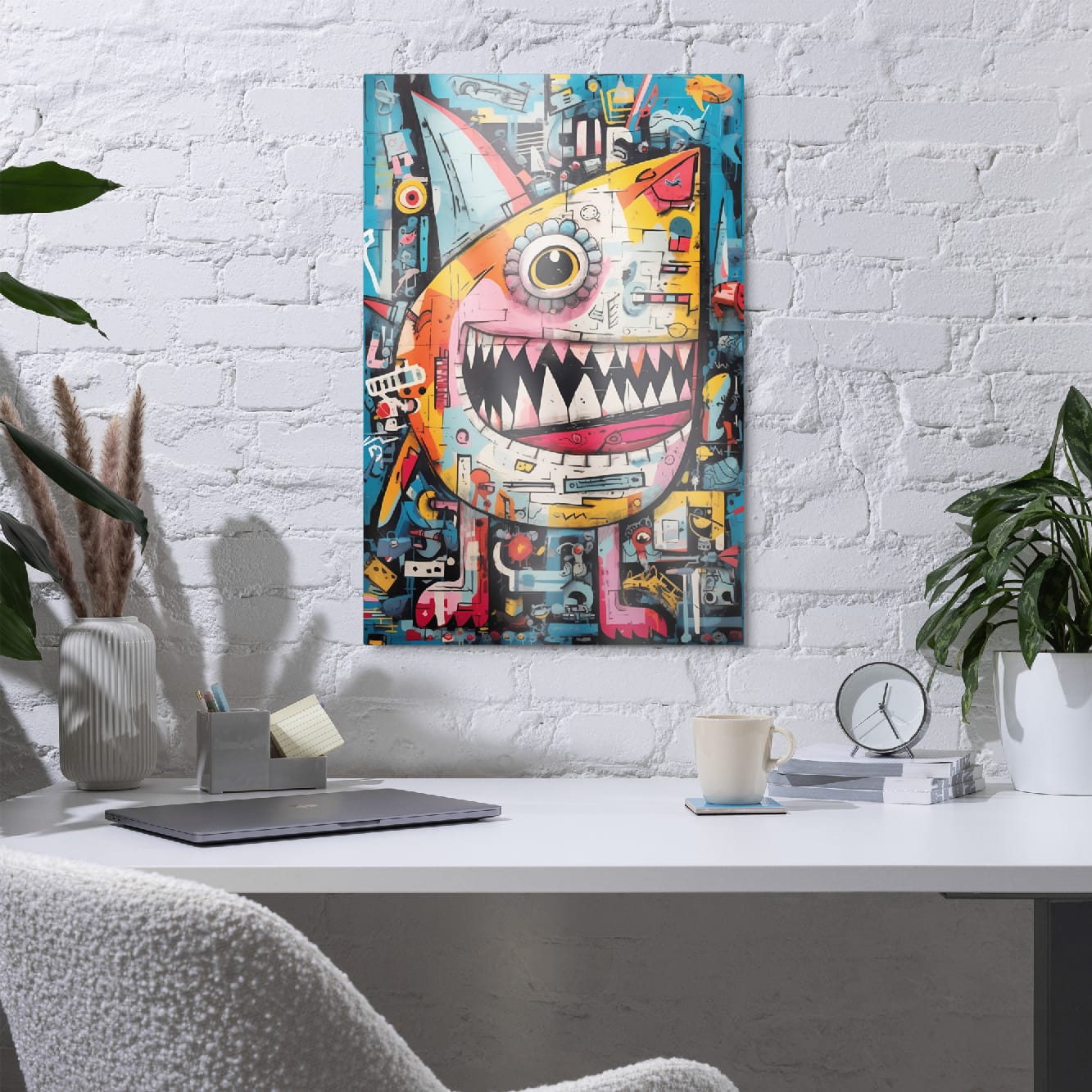 "Urban Chomp" glossy metal poster 20"x30" in a home office above desk on white brick wall, bold monster wall decor with cyclops eye, jagged teeth, vivid orange face, and teal street-art texture, by GiveMeMood