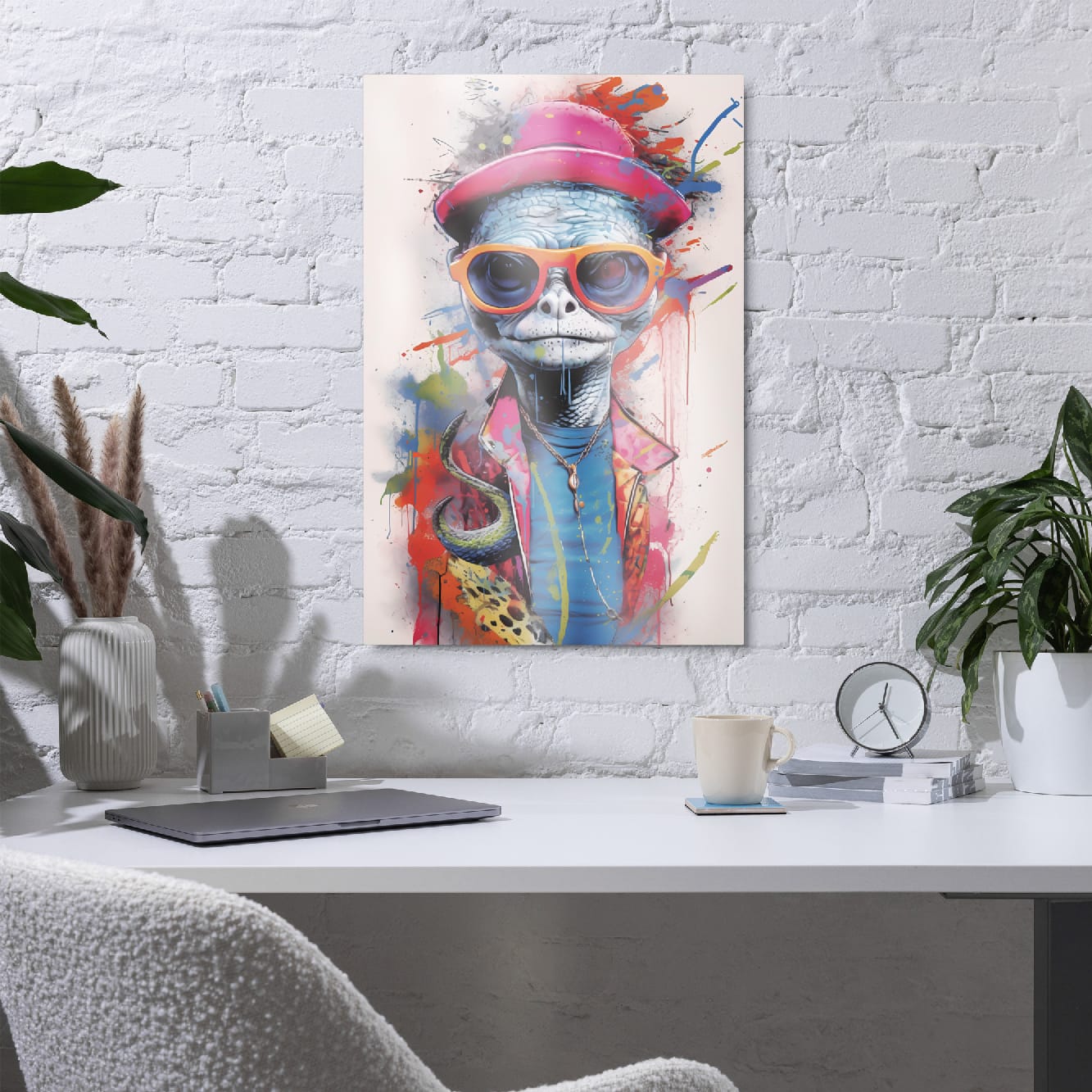 "Reptile Swagger" glossy metal poster 20"x30" in a home office above desk on white brick wall, street-art turtle metal wall decor featuring orange sunglasses, pink hat, blue reptile texture, and colorful drip-paint layers, by GiveMeMood