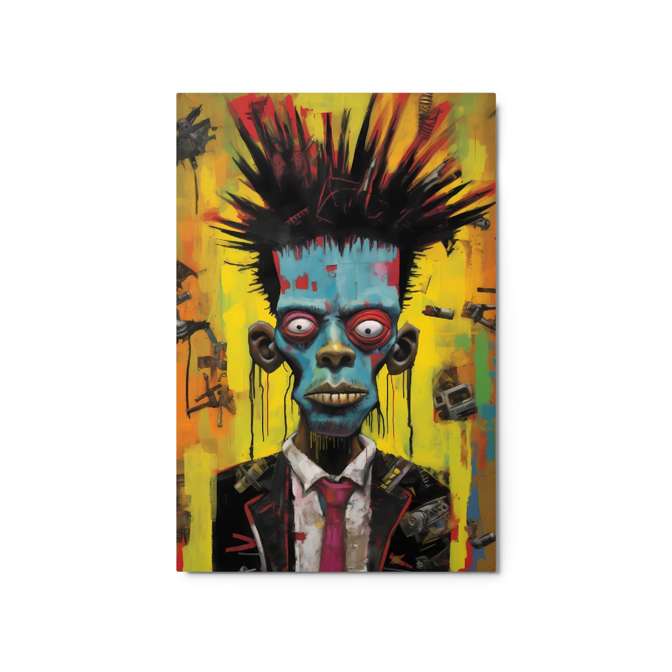 "Punk Rebel" glossy metal poster 20"x30" product photo on white background, close-up modern aluminum wall art featuring a blue-faced punk character with spiked hair, red-rimmed eyes, and bold yellow/orange street-art textures, by GiveMeMood