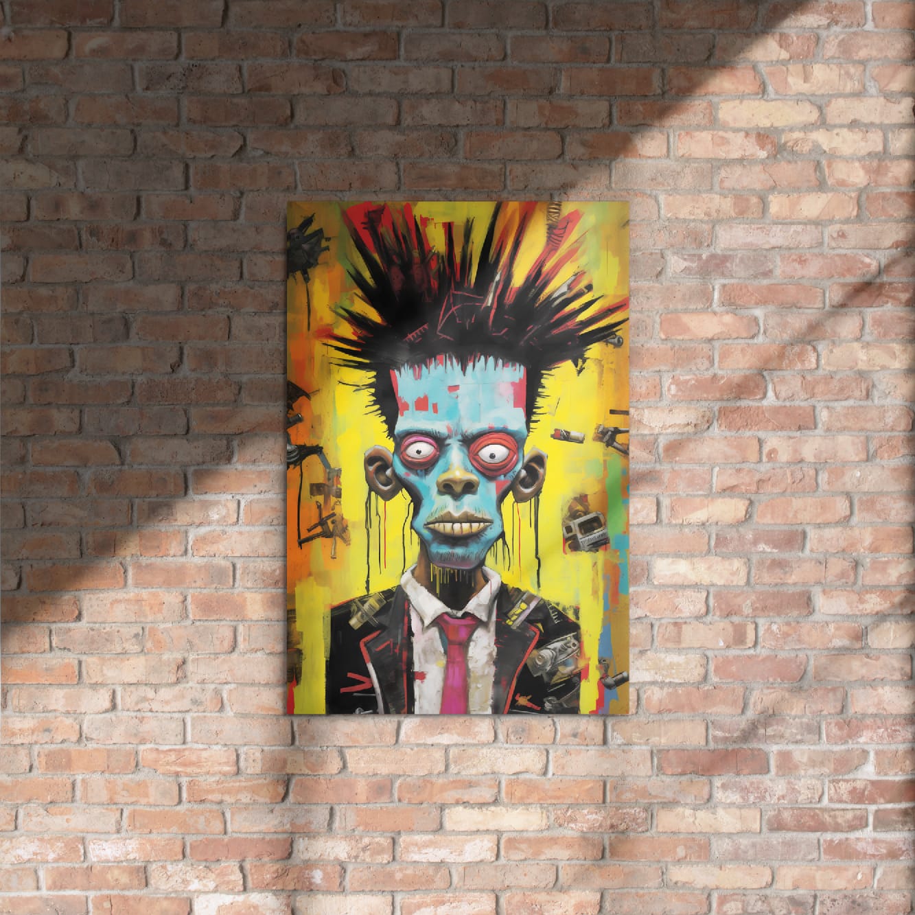 "Punk Rebel" glossy metal poster 20"x30" on rustic brick wall with sun shadows, punk street art portrait of a blue-faced spiky-haired rebel with wide eyes, yellow/orange graffiti background, and suit with red tie, by GiveMeMood